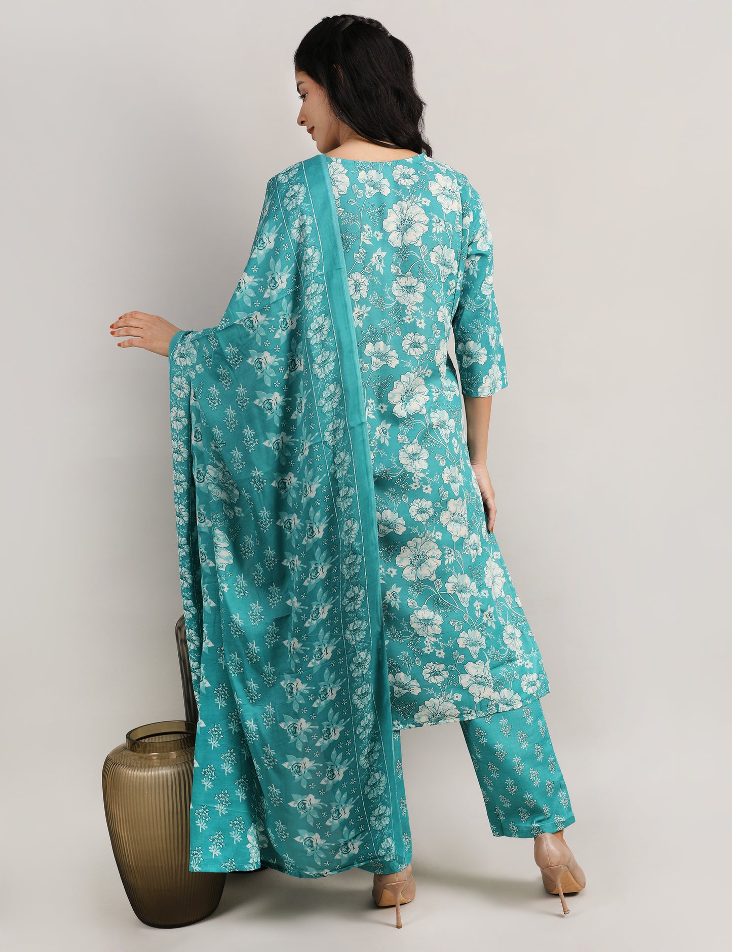 TURQUOISE GREEN COTTON STARIGHT SUIT