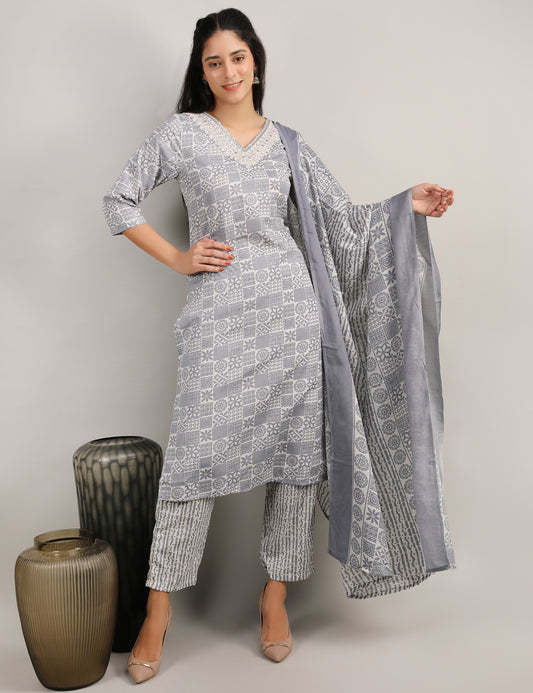 GREY COTTON PRINT STRAIGHT SUIT