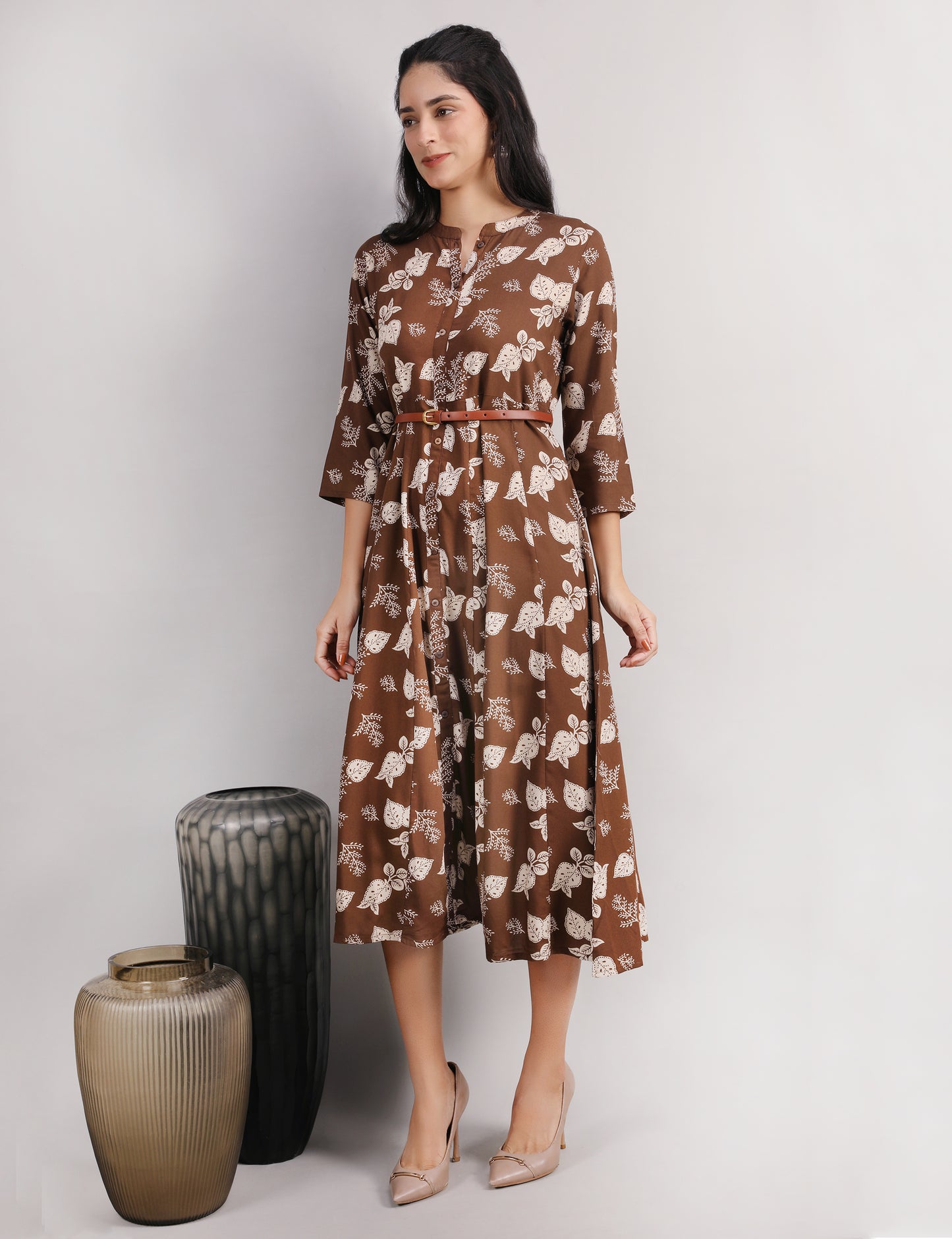 COFFEE BROWN ONE PC DRESS WITH WAIST LEATHER BELT