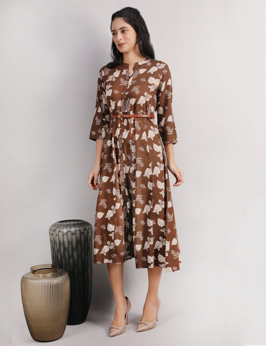 COFFEE BROWN ONE PC DRESS WITH WAIST LEATHER BELT