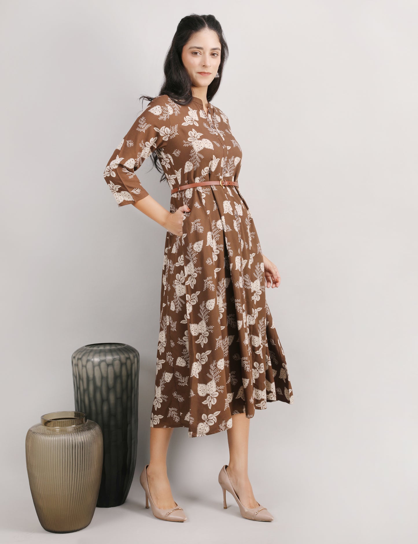 COFFEE BROWN ONE PC DRESS WITH WAIST LEATHER BELT