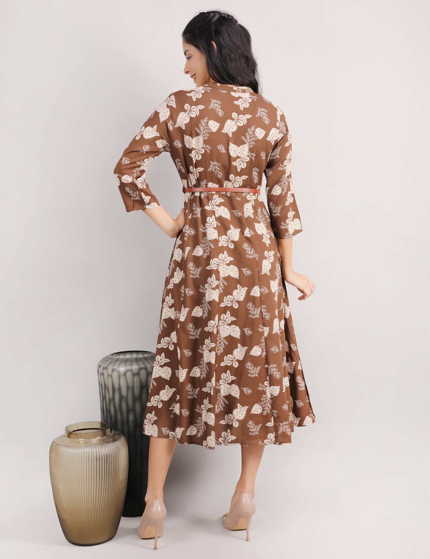 COFFEE BROWN ONE PC DRESS WITH WAIST LEATHER BELT