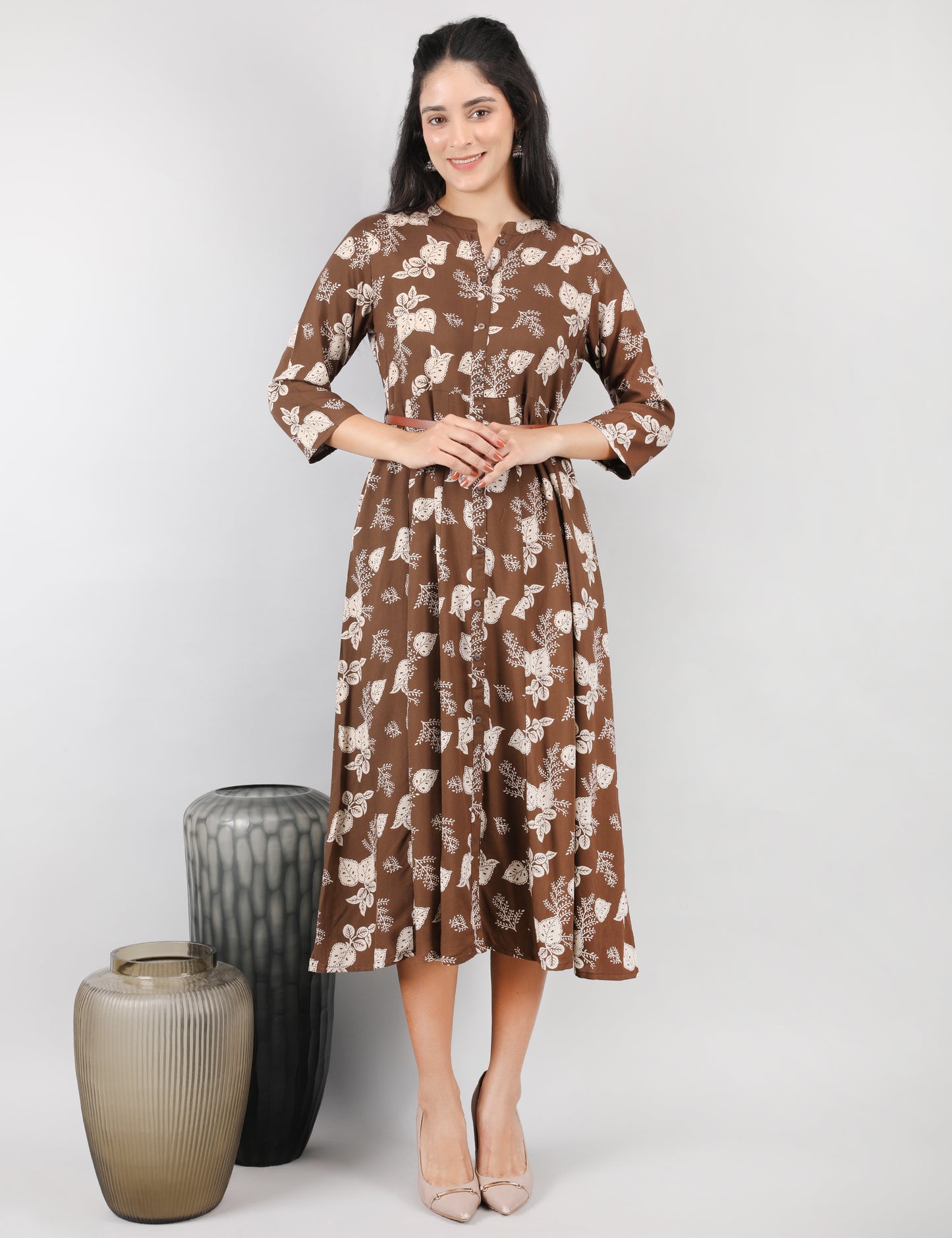COFFEE BROWN ONE PC DRESS WITH WAIST LEATHER BELT