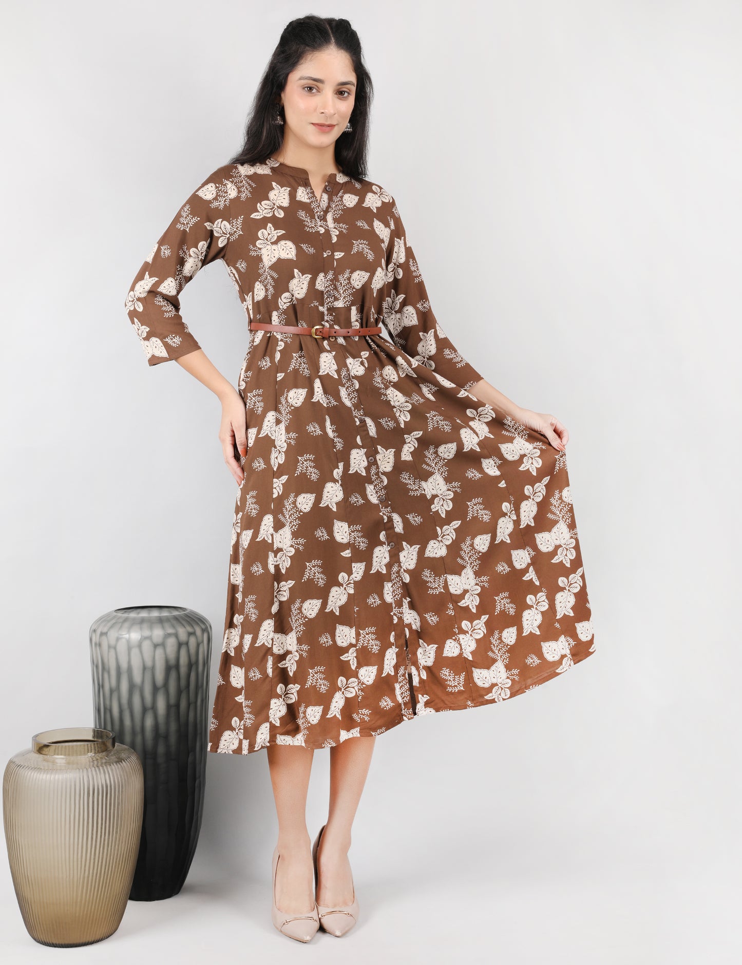 COFFEE BROWN ONE PC DRESS WITH WAIST LEATHER BELT