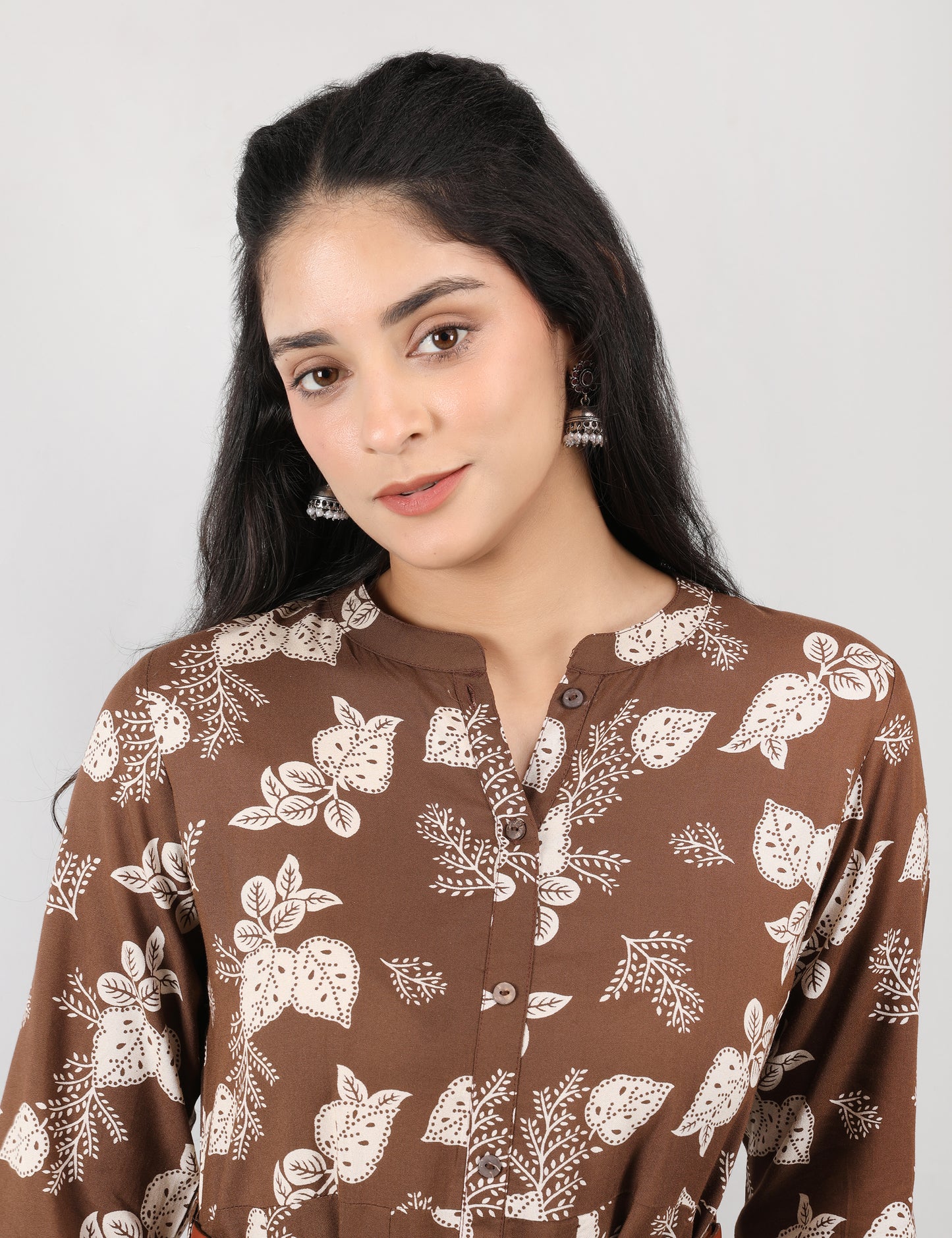 COFFEE BROWN ONE PC DRESS WITH WAIST LEATHER BELT