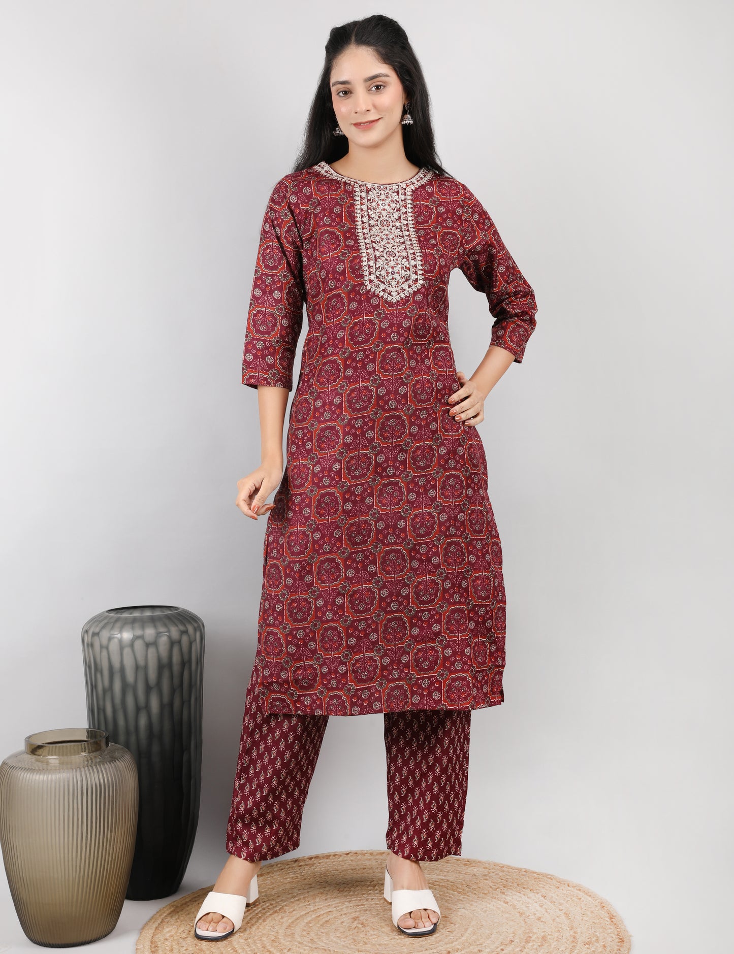 WINE SHADE COTTON STRAIGHT SUIT