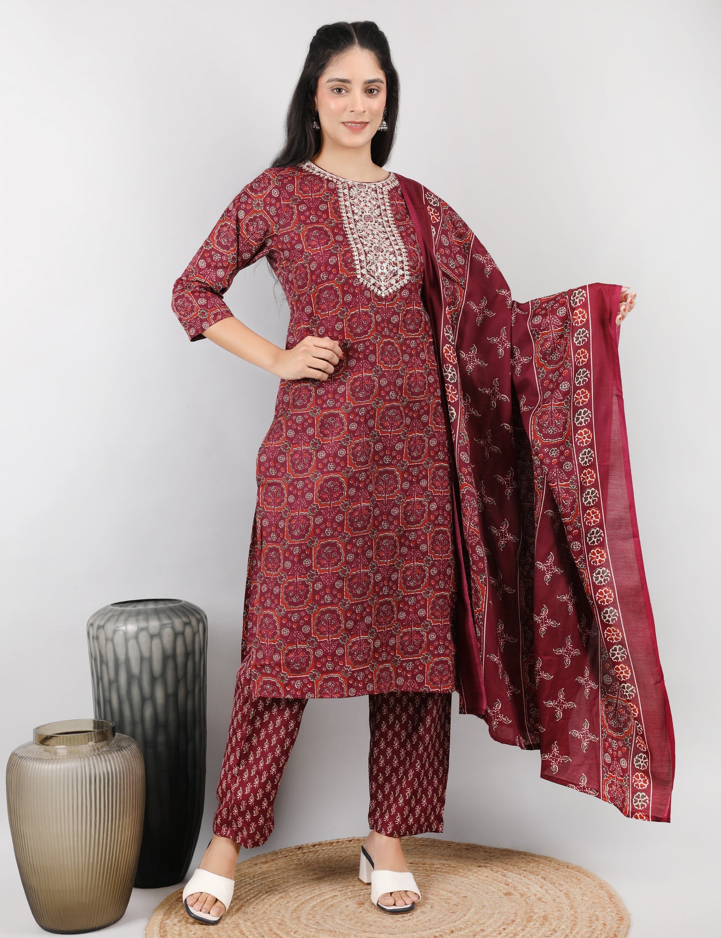 WINE SHADE COTTON STRAIGHT SUIT