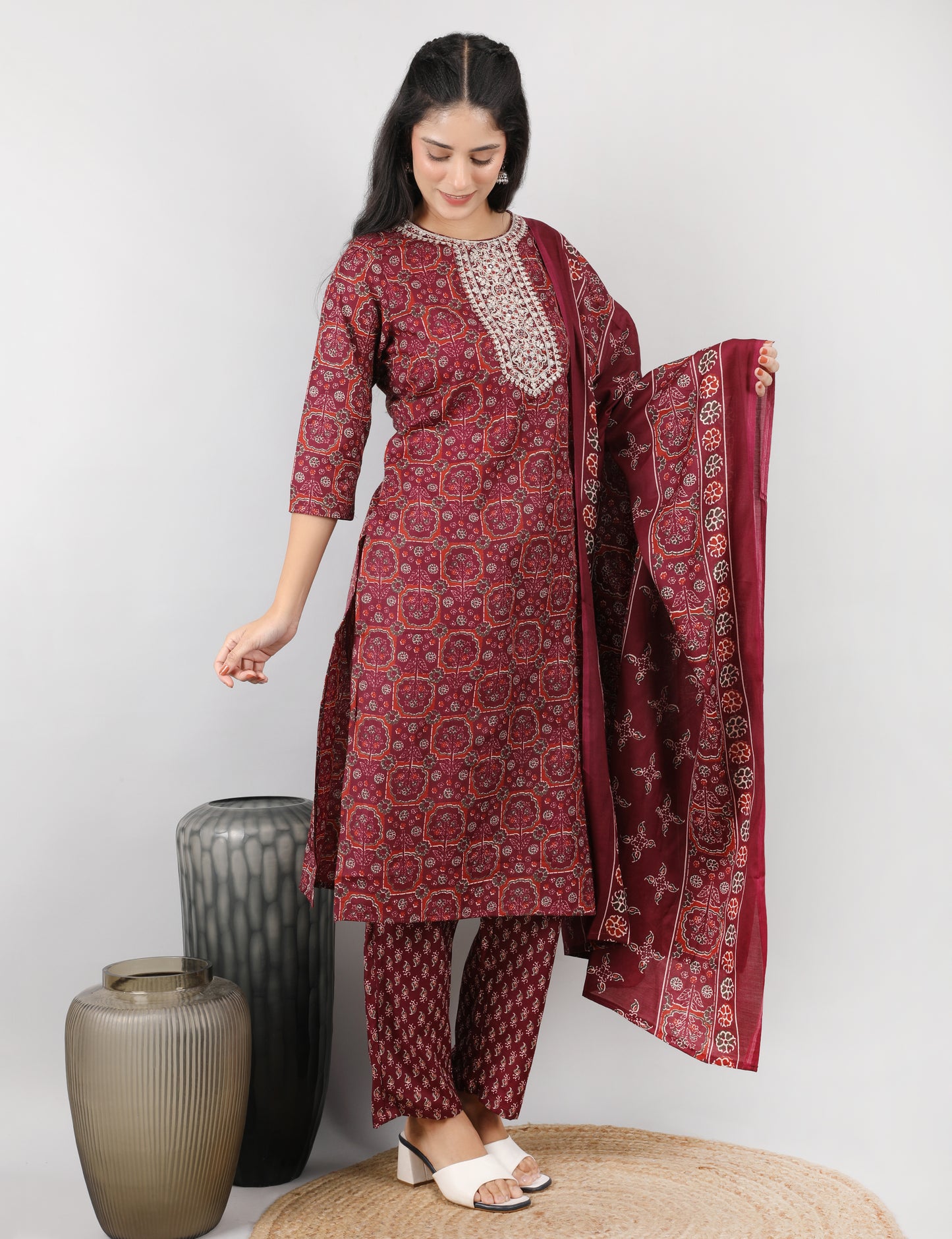 WINE SHADE COTTON STRAIGHT SUIT