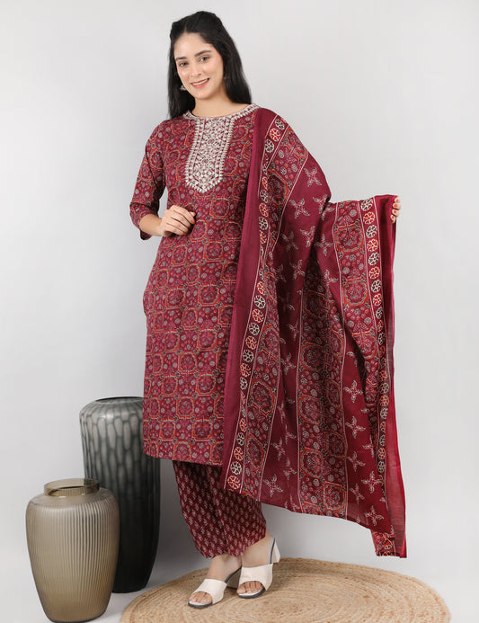 WINE SHADE COTTON STRAIGHT SUIT