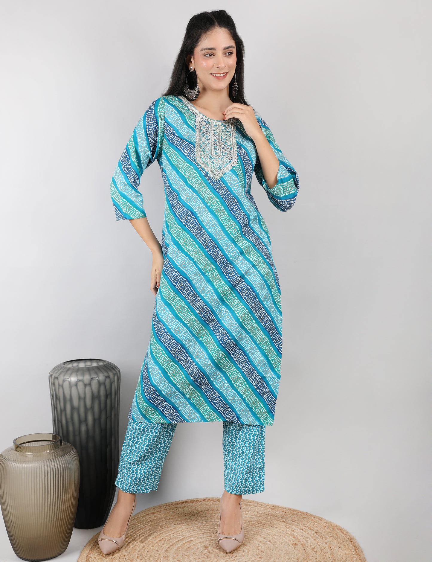 TURQUOISE BLUE BANDHANDI PRINT COTTON STARAIGHT SHIT