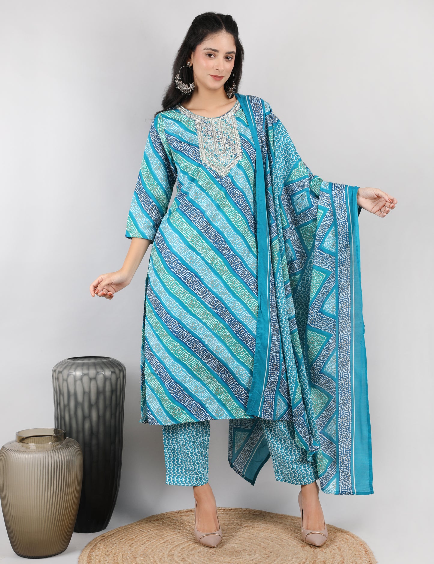 TURQUOISE BLUE BANDHANDI PRINT COTTON STARAIGHT SHIT
