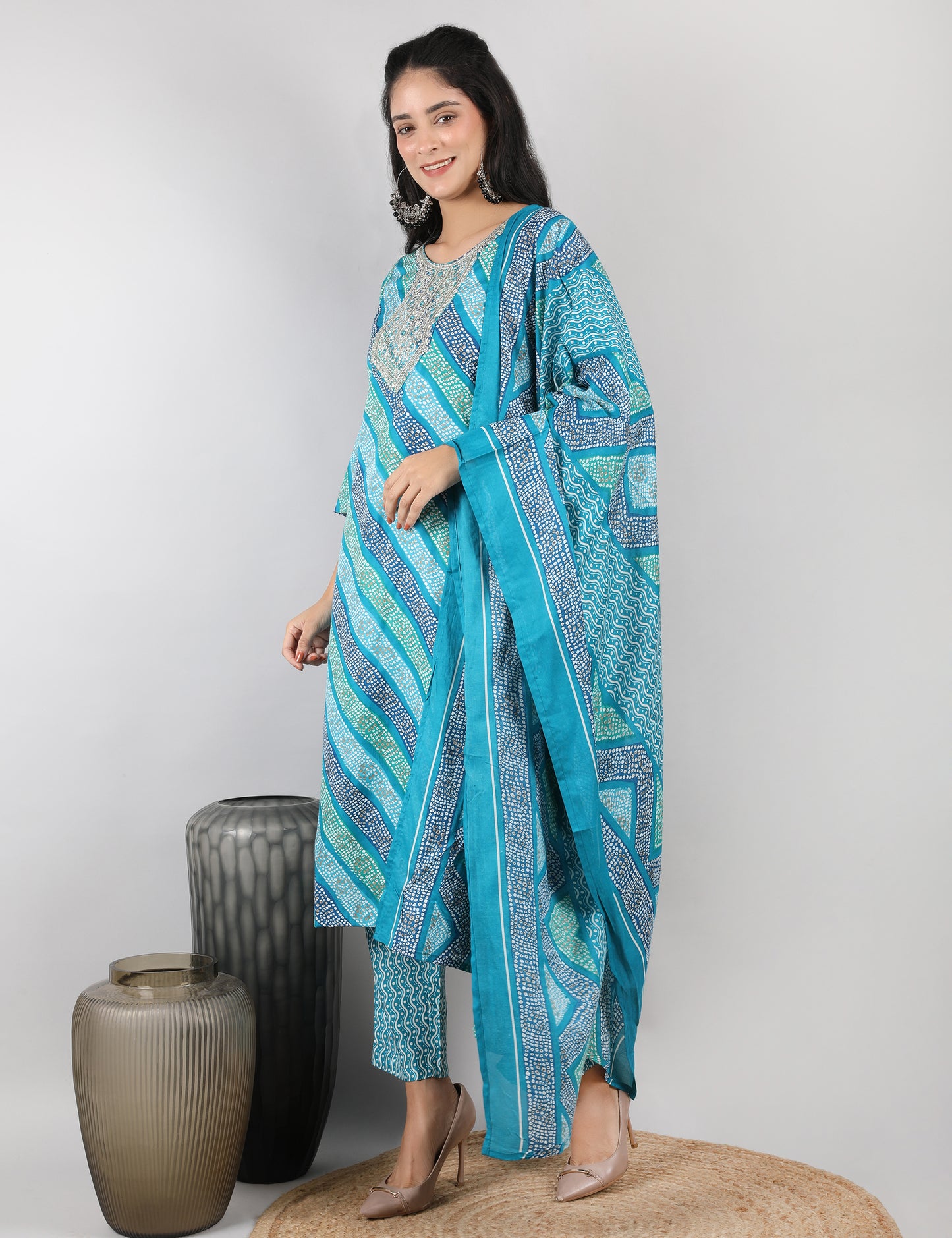 TURQUOISE BLUE BANDHANDI PRINT COTTON STARAIGHT SHIT