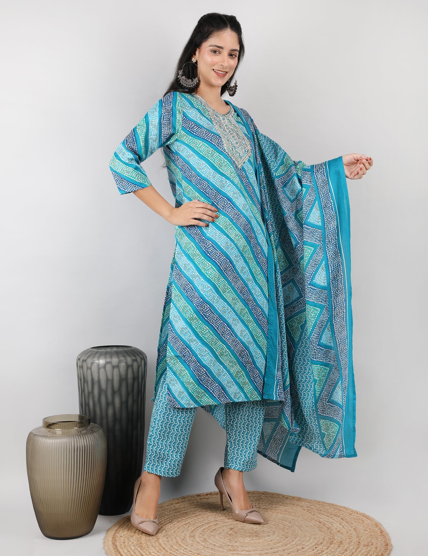 TURQUOISE BLUE BANDHANDI PRINT COTTON STARAIGHT SHIT