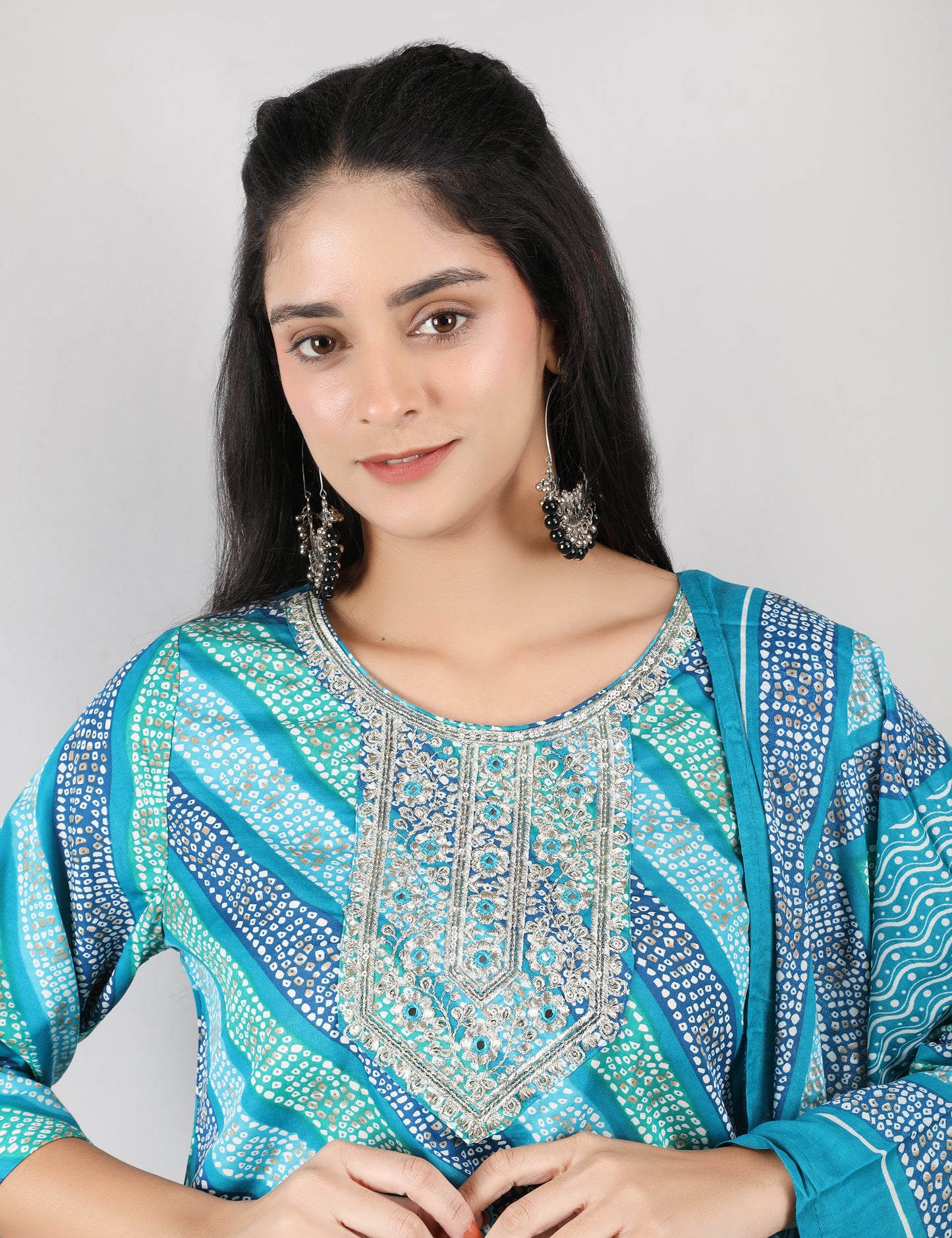 TURQUOISE BLUE BANDHANDI PRINT COTTON STARAIGHT SHIT