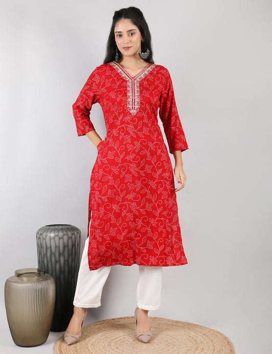 RED COTTON KURTI BANDHANI PRINT