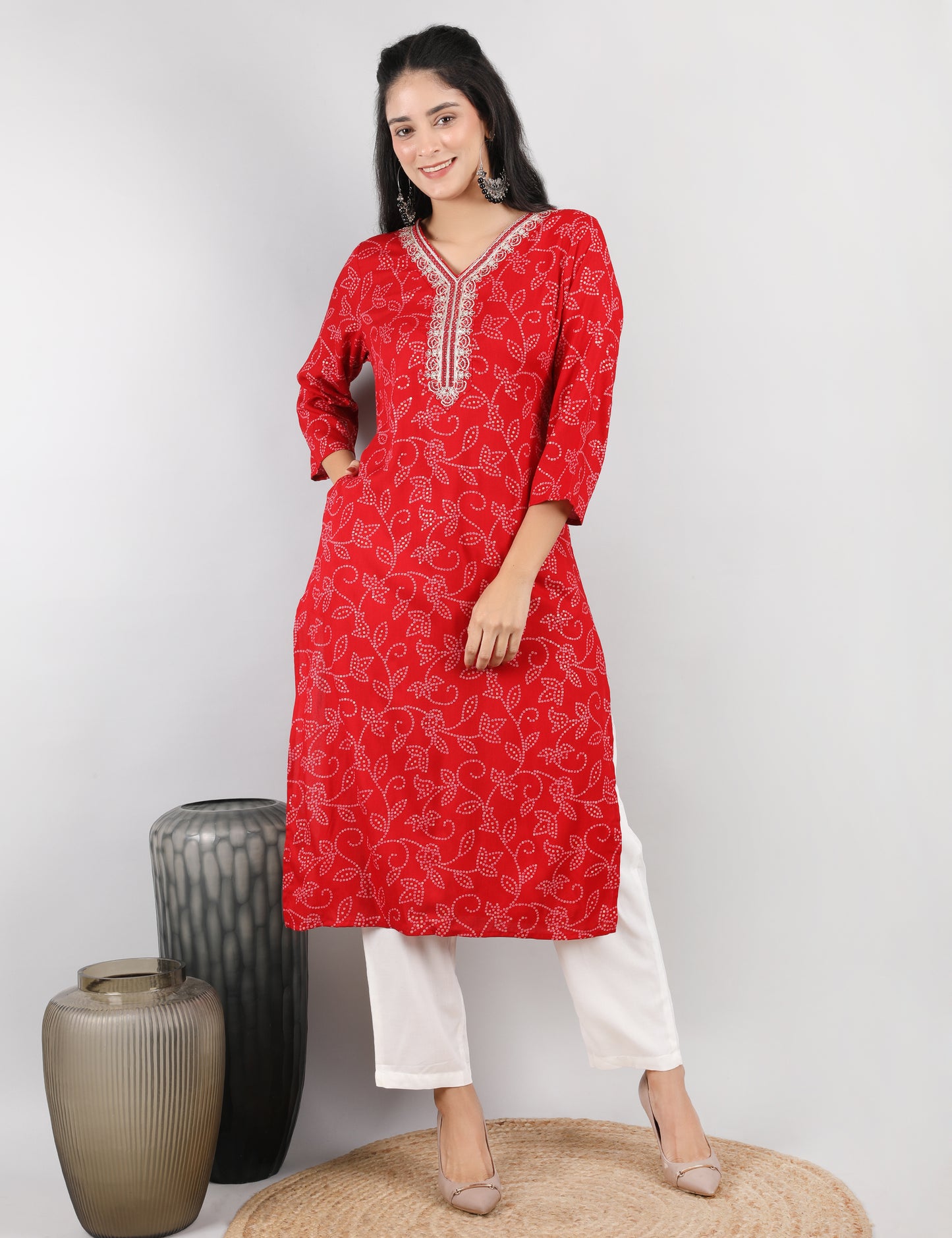 RED COTTON KURTI BANDHANI PRINT