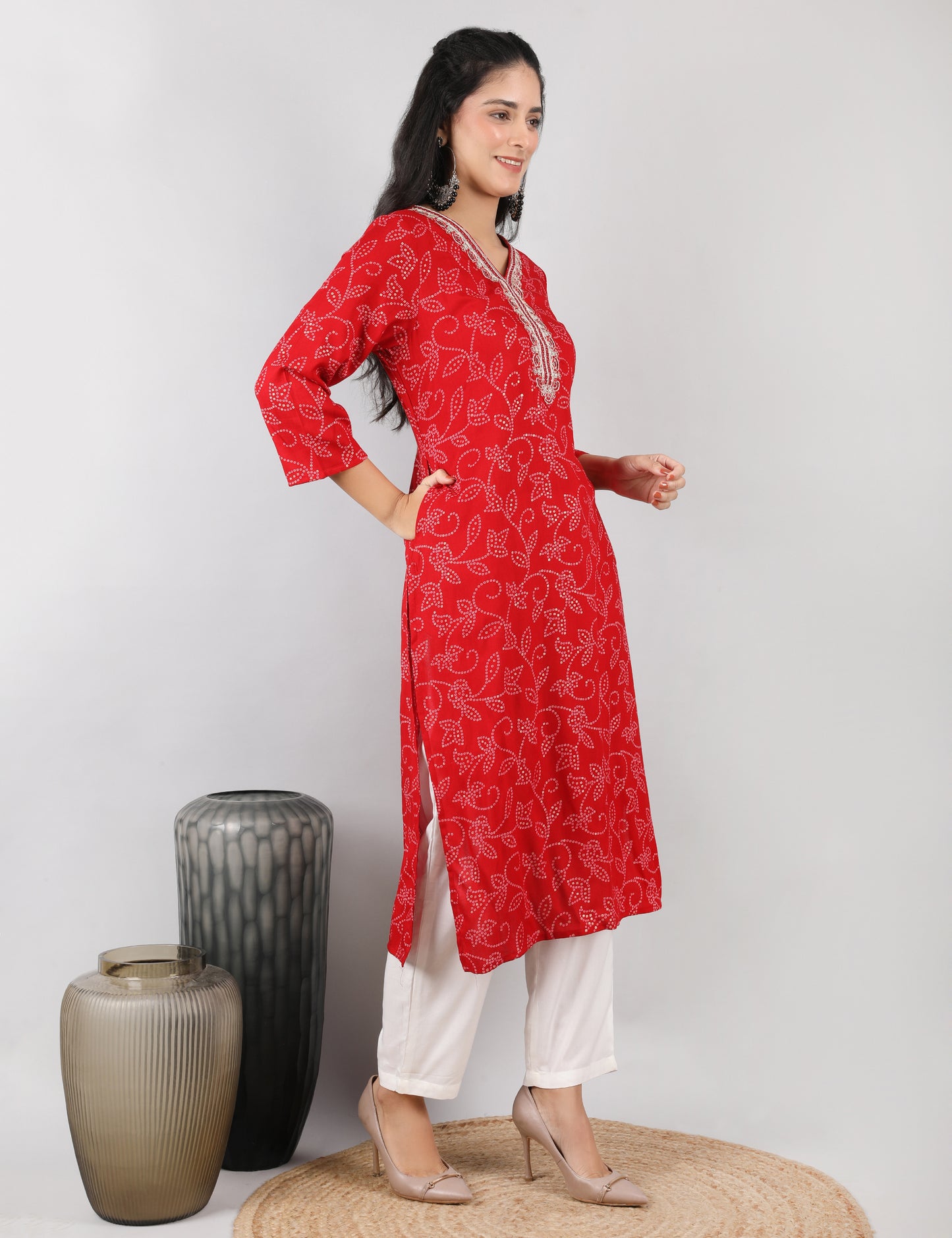 RED COTTON KURTI BANDHANI PRINT