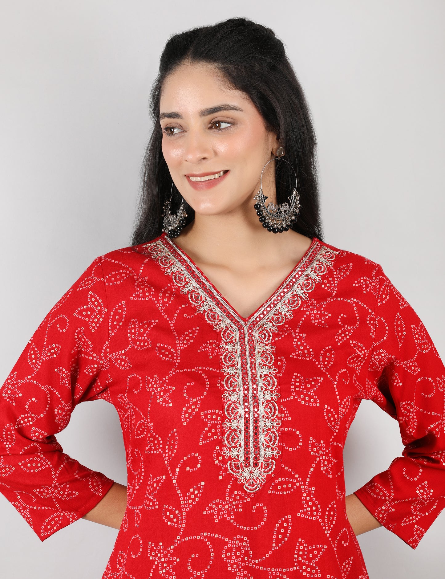 RED COTTON KURTI BANDHANI PRINT