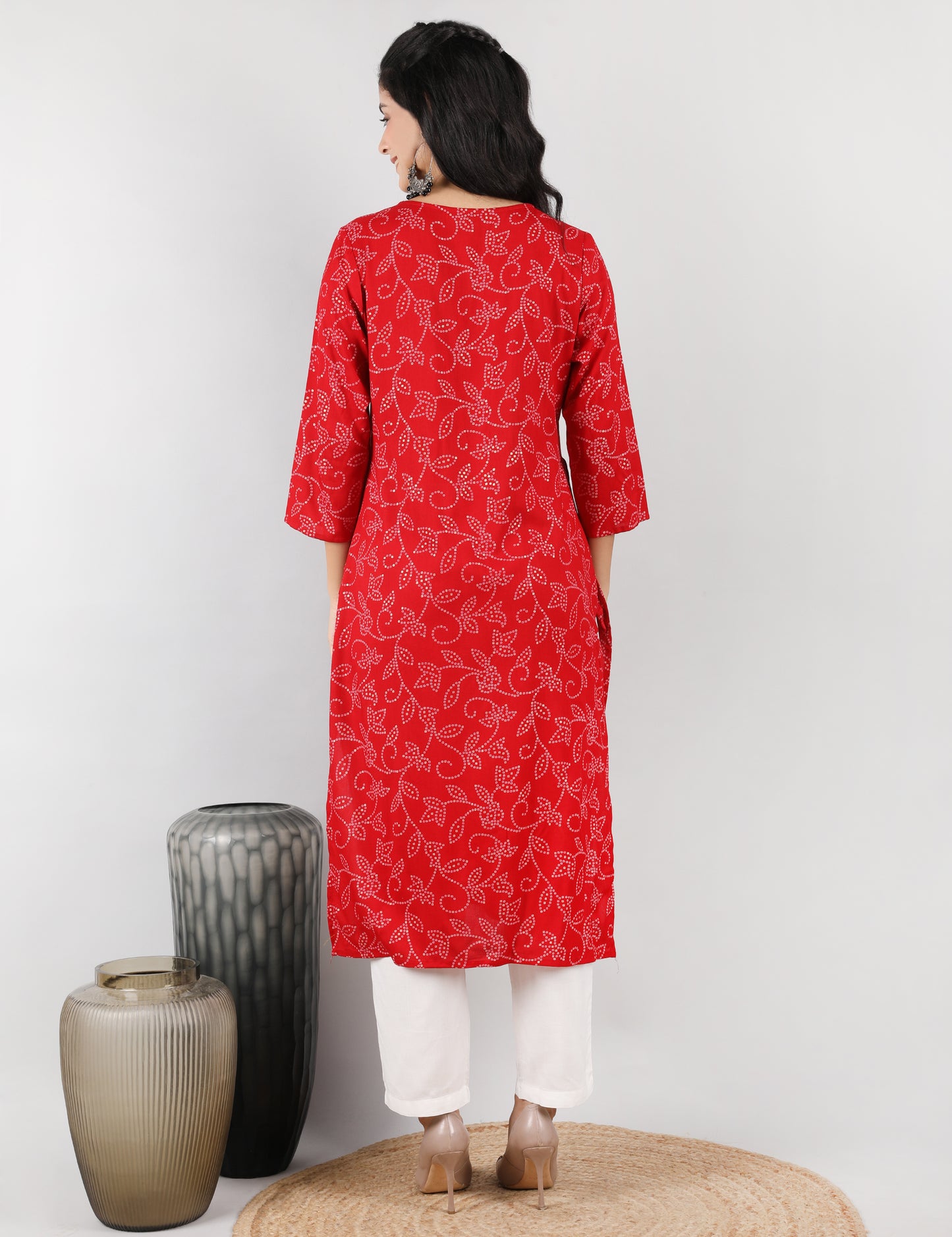 RED COTTON KURTI BANDHANI PRINT