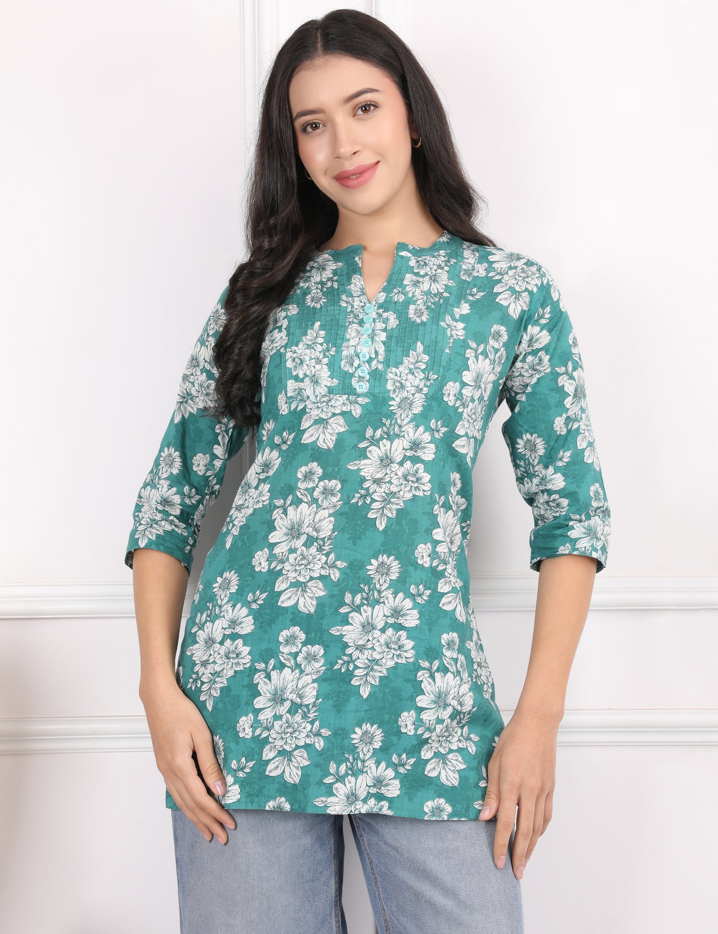 TEAL GREEN COTTON SHORT KURTI