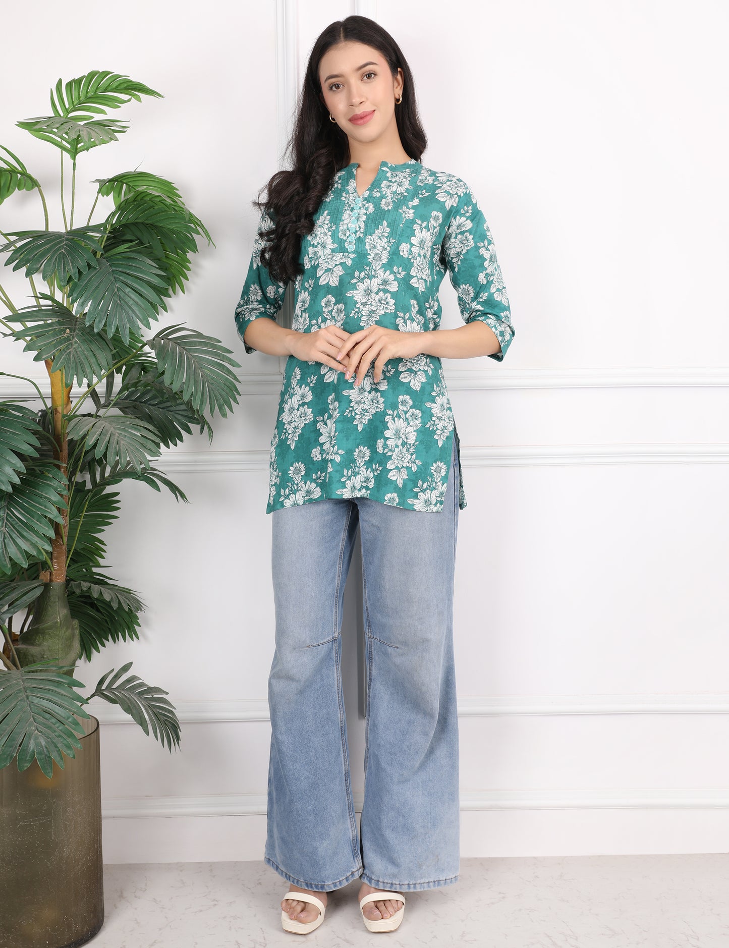 TEAL GREEN COTTON SHORT KURTI