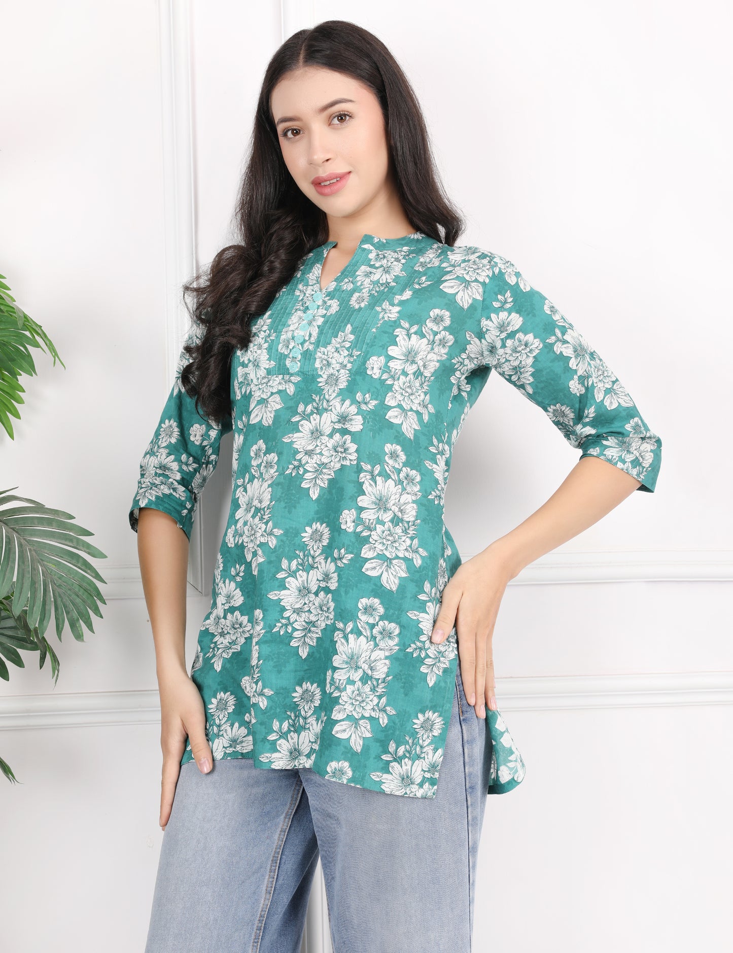 TEAL GREEN COTTON SHORT KURTI