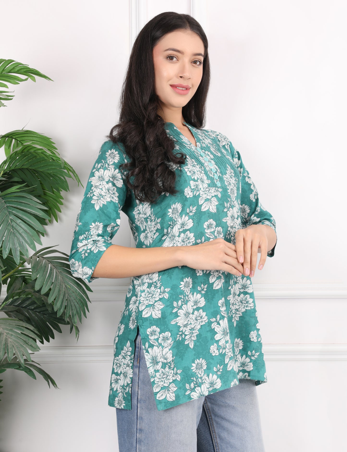 TEAL GREEN COTTON SHORT KURTI