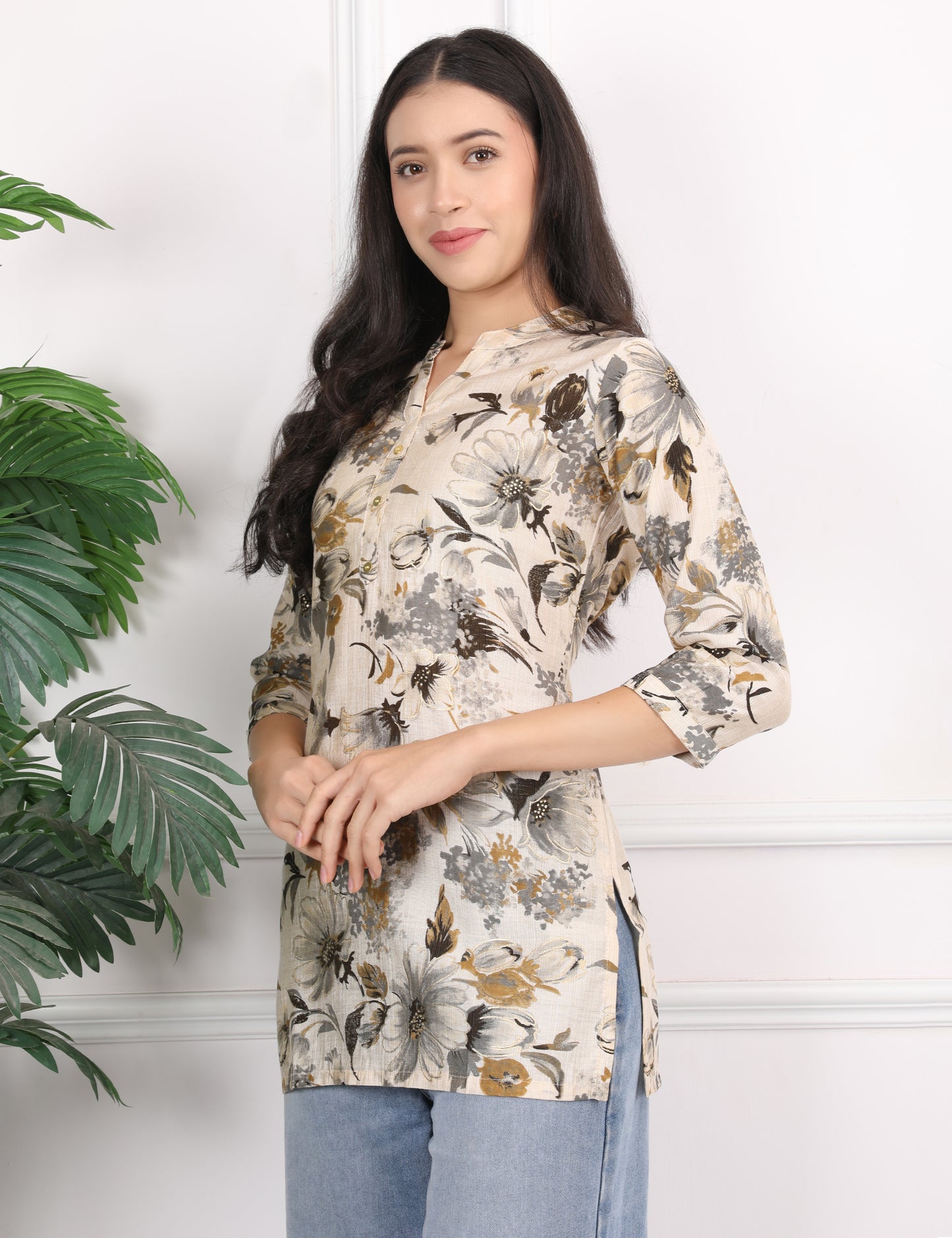 CREAM COTTON PRINT SHORT KURTI