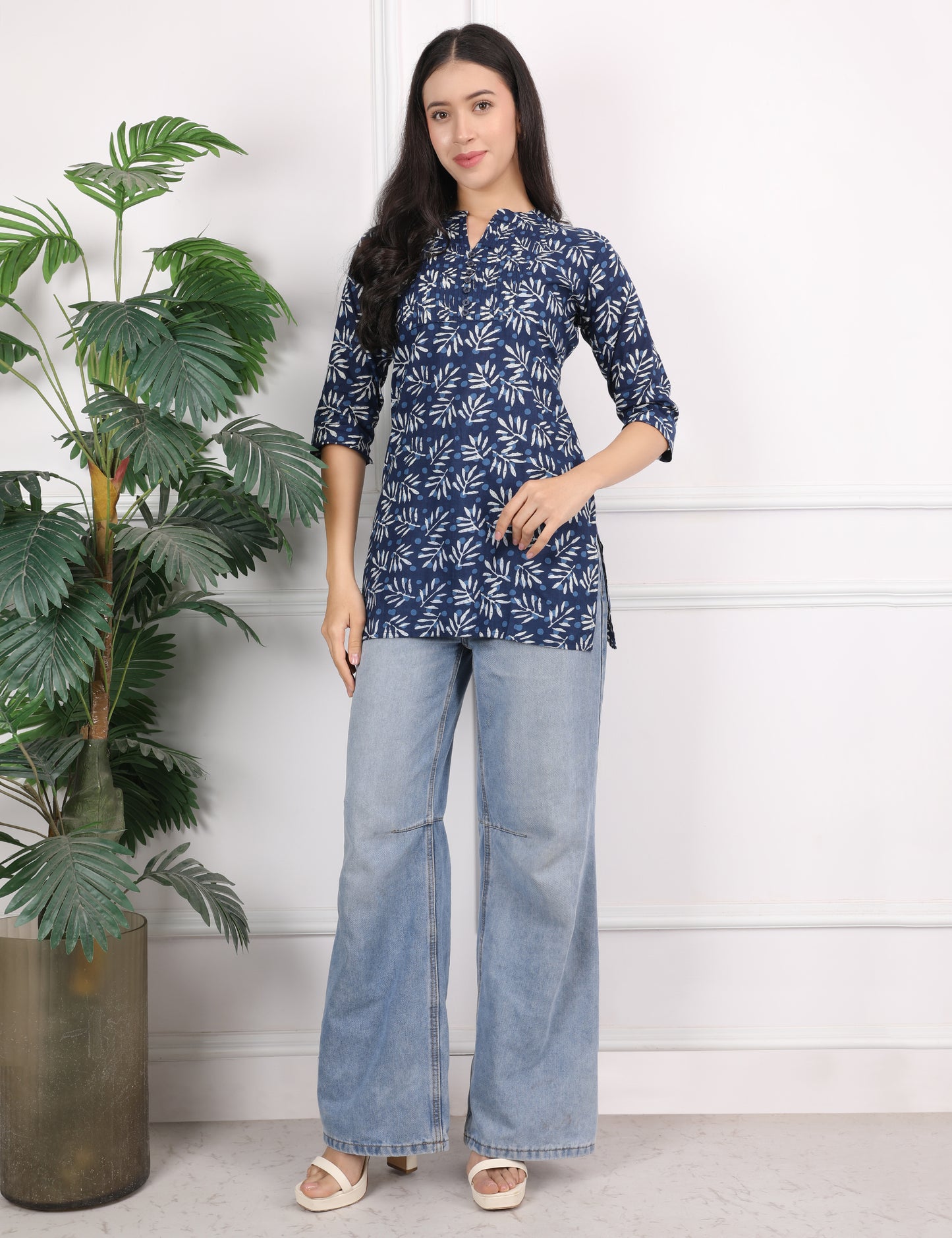NAVY BLUE COTTON PRINT SHORT KURTI