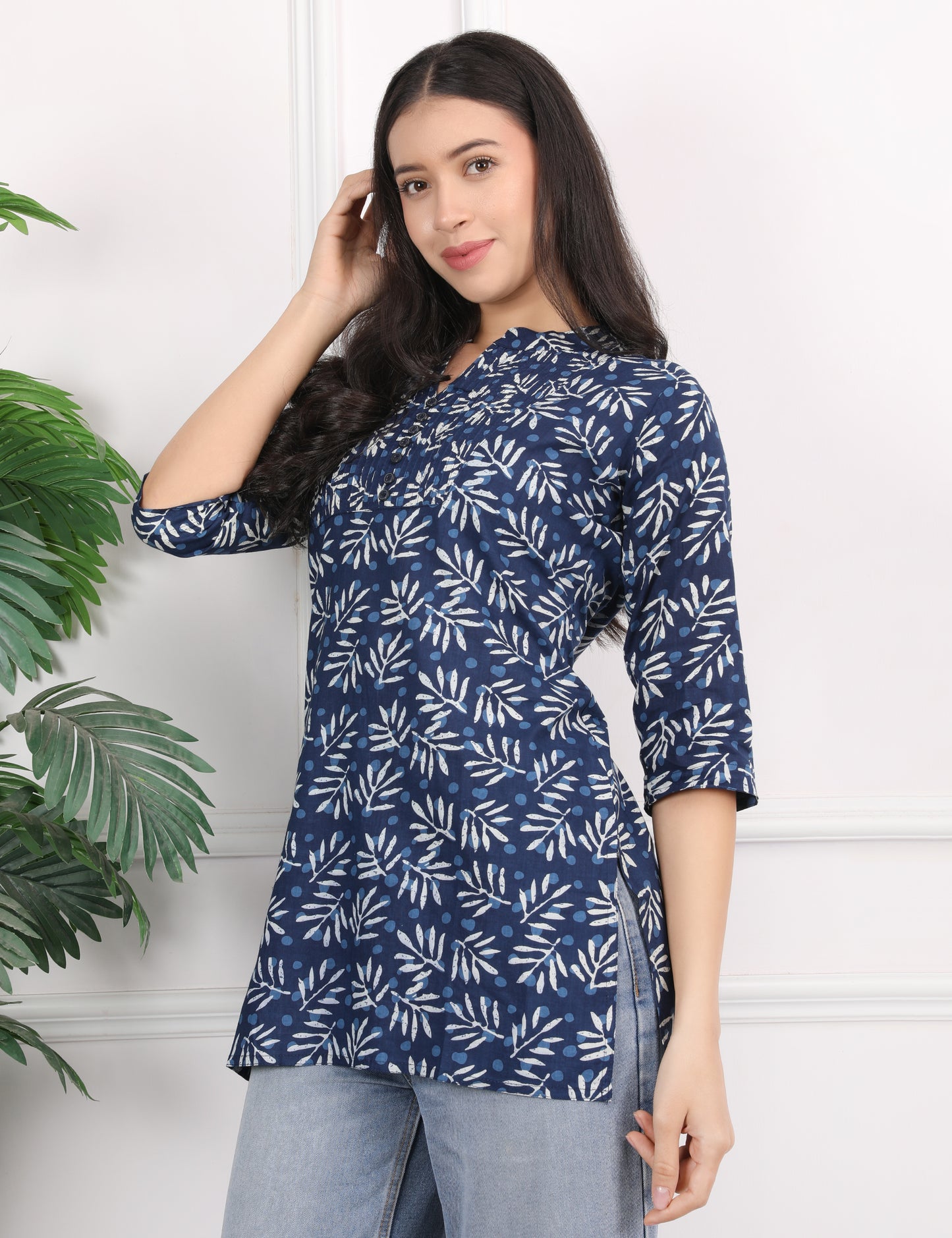 NAVY BLUE COTTON PRINT SHORT KURTI