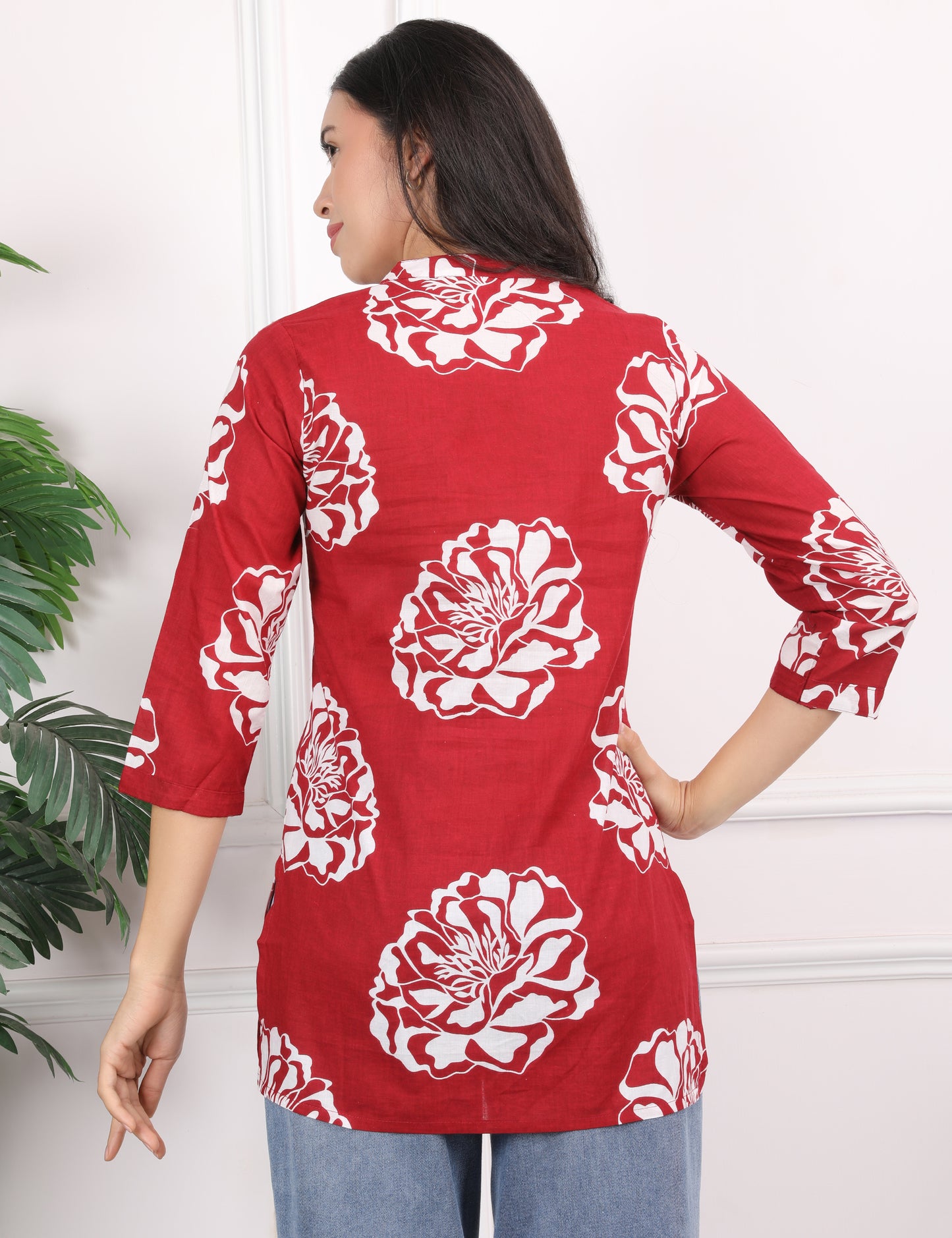 RED COTTON PRINT SHORT KURTI