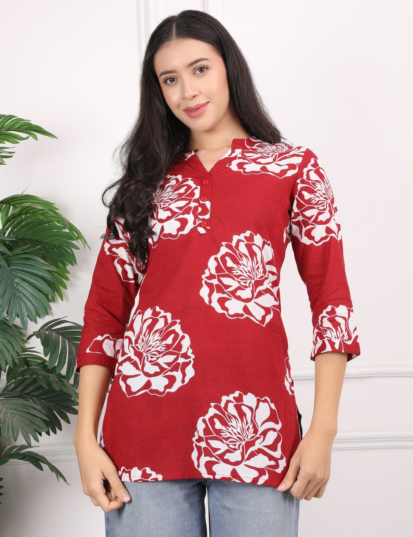 RED COTTON PRINT SHORT KURTI