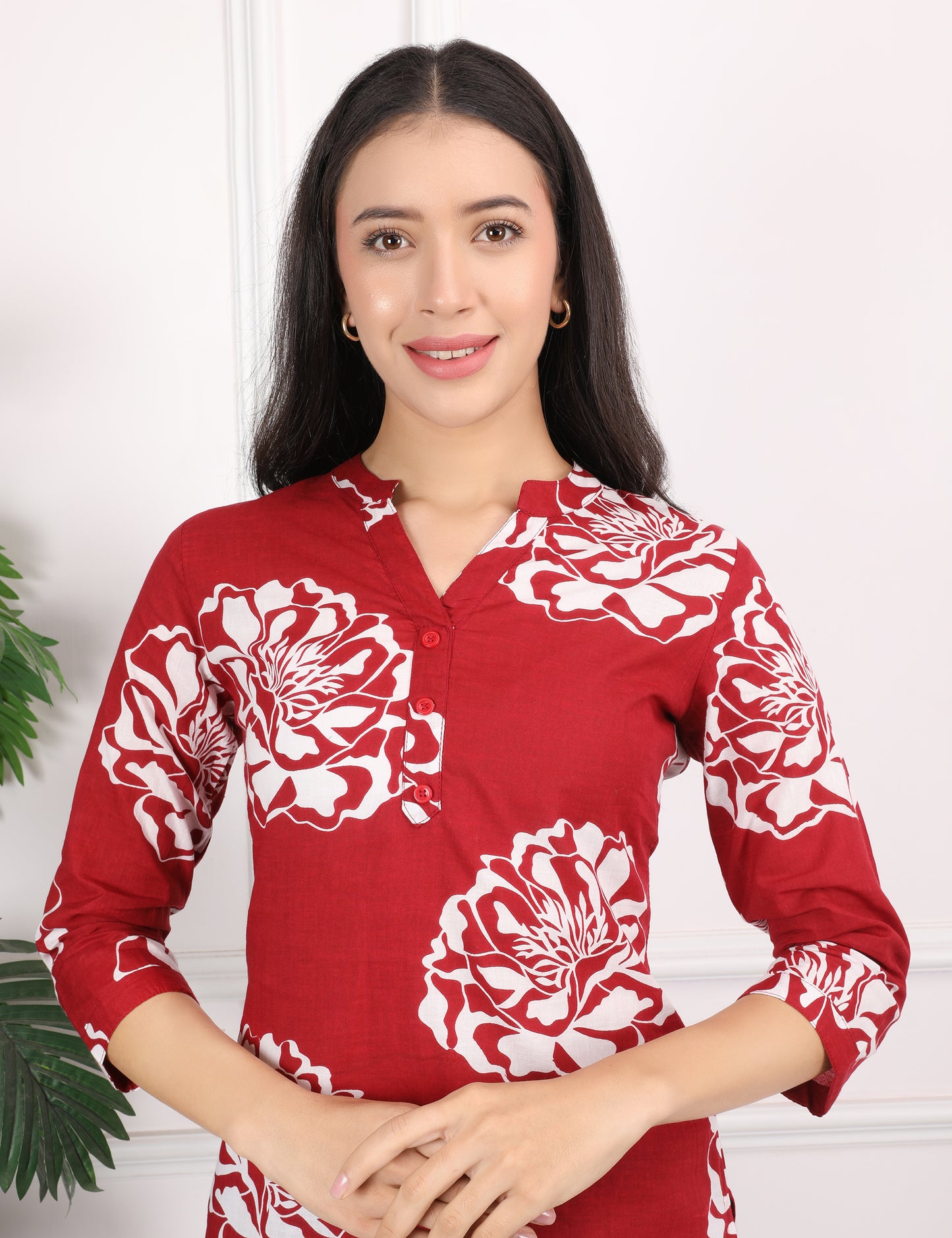 RED COTTON PRINT SHORT KURTI