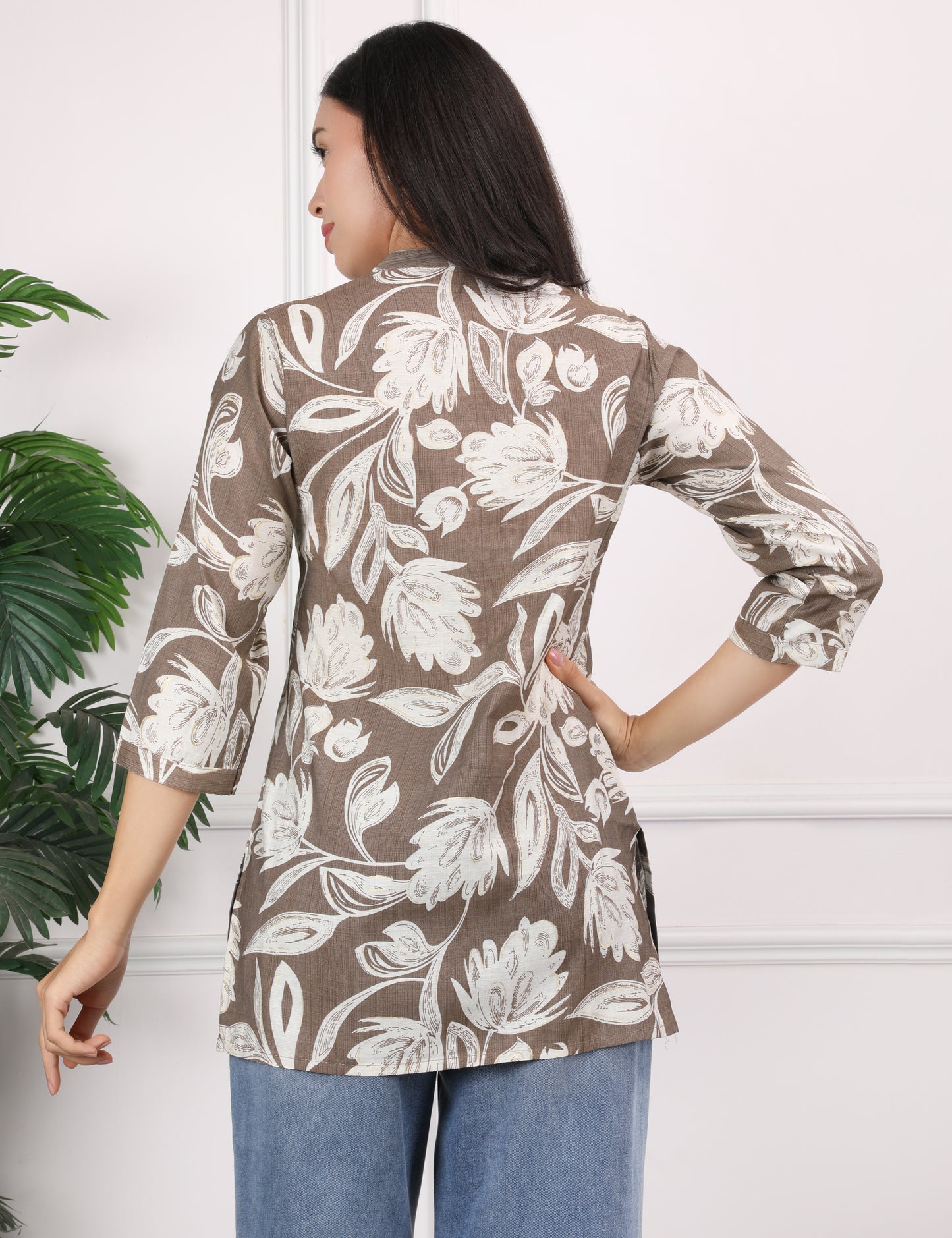 EARTHY BROWN COTTON PRINT SHORT KURTI