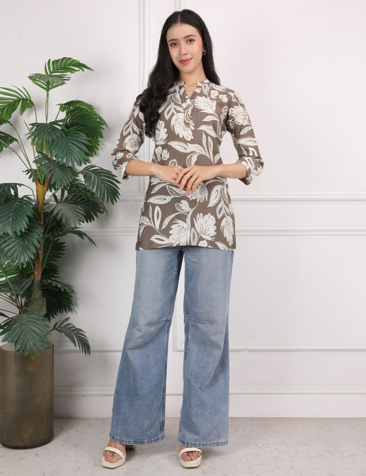 EARTHY BROWN COTTON PRINT SHORT KURTI