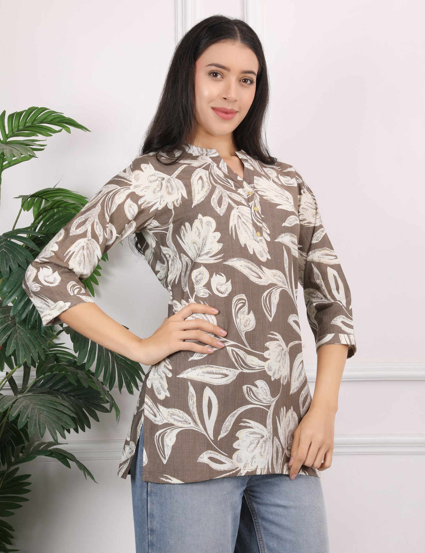 EARTHY BROWN COTTON PRINT SHORT KURTI