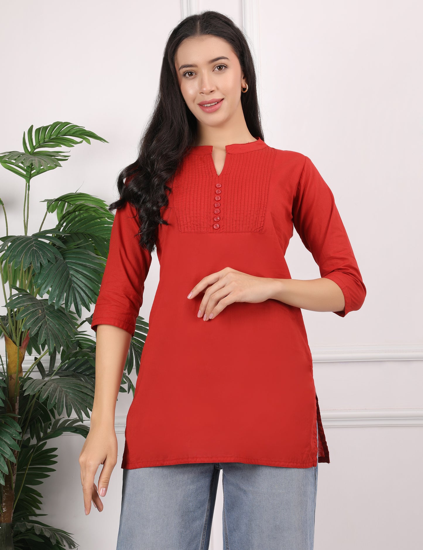 DEEP RED COTTON SHORT KURTI