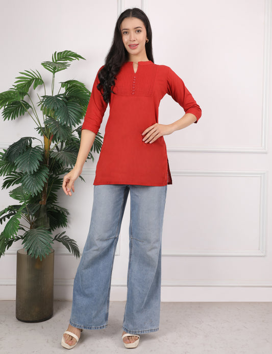 DEEP RED COTTON SHORT KURTI