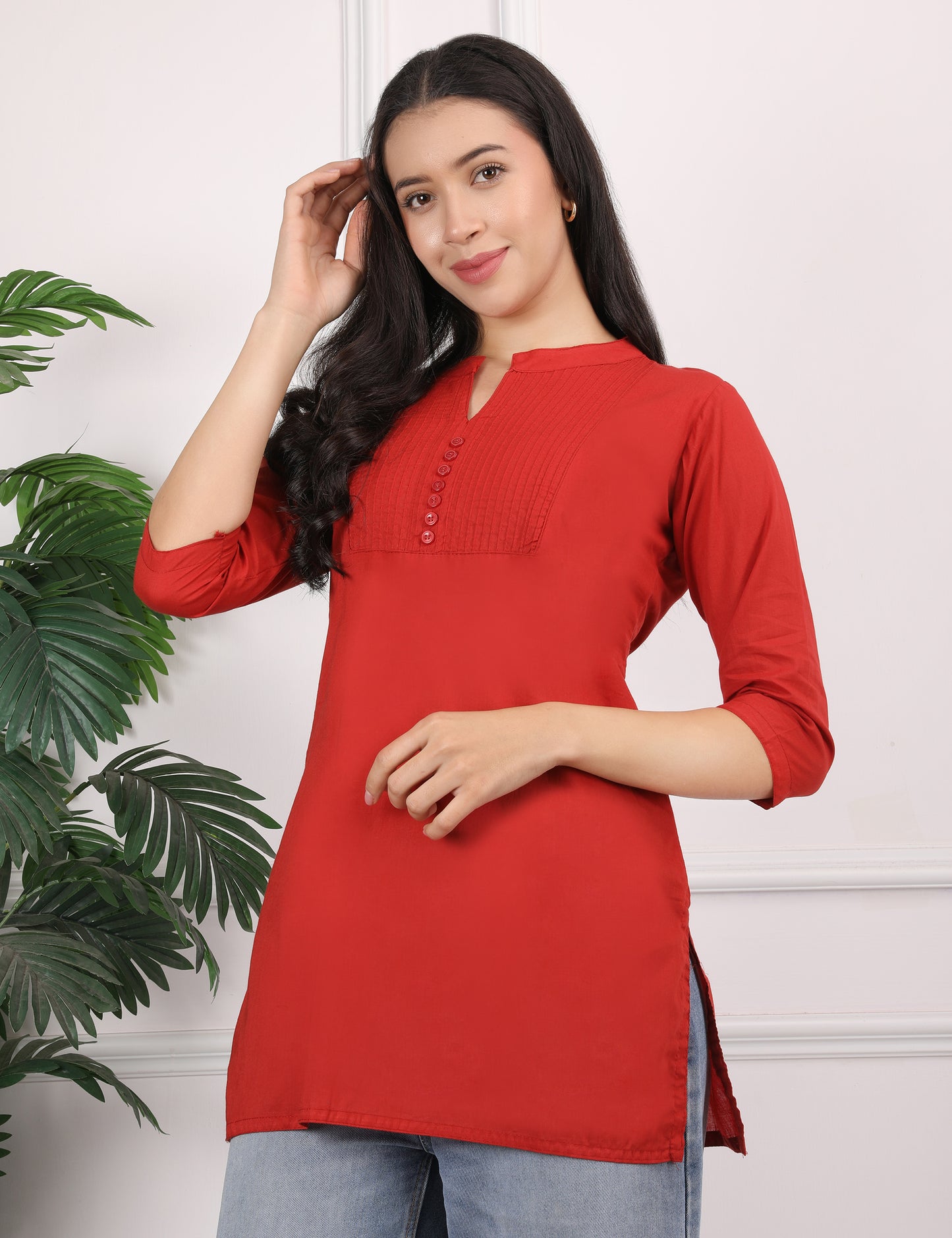 DEEP RED COTTON SHORT KURTI