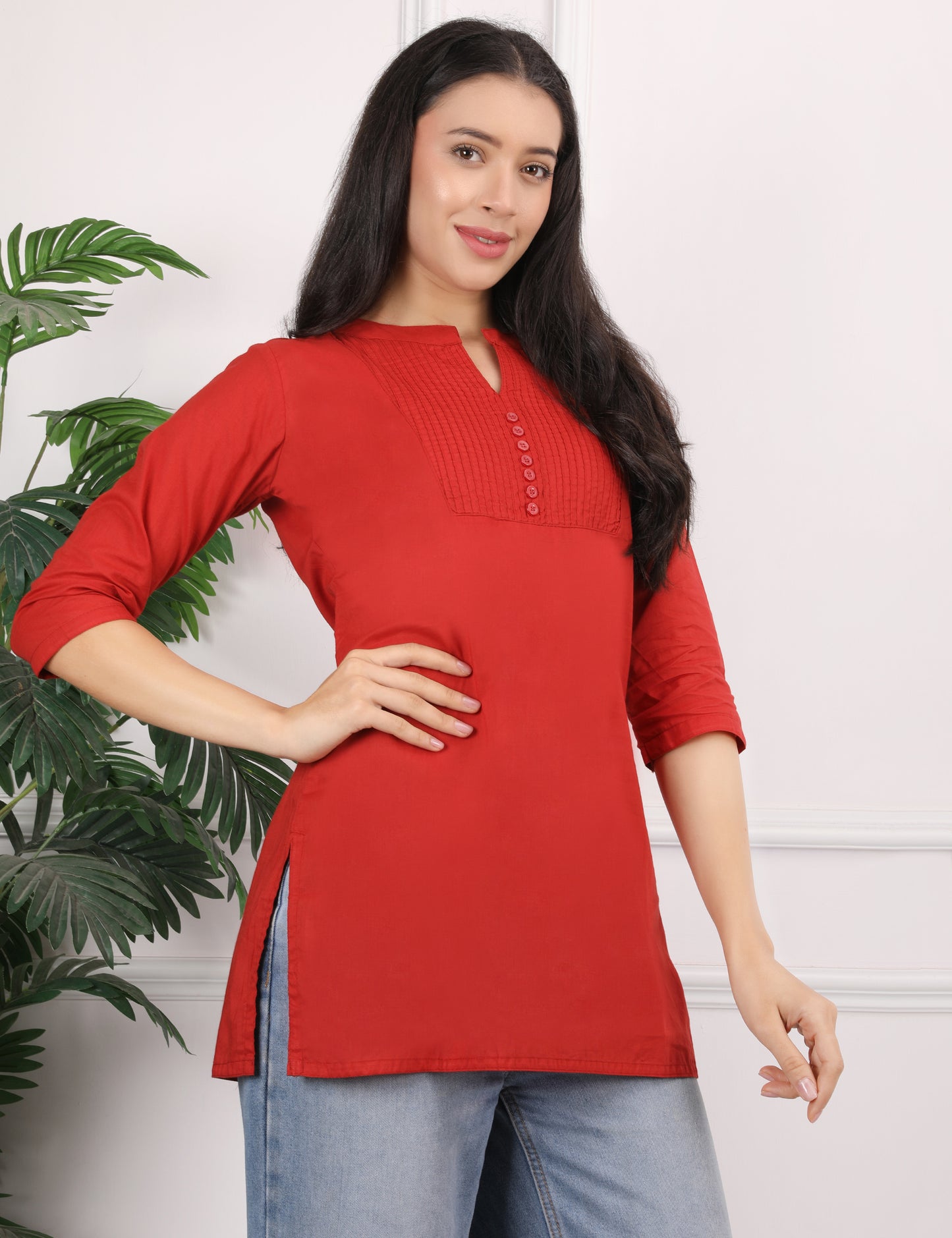 DEEP RED COTTON SHORT KURTI