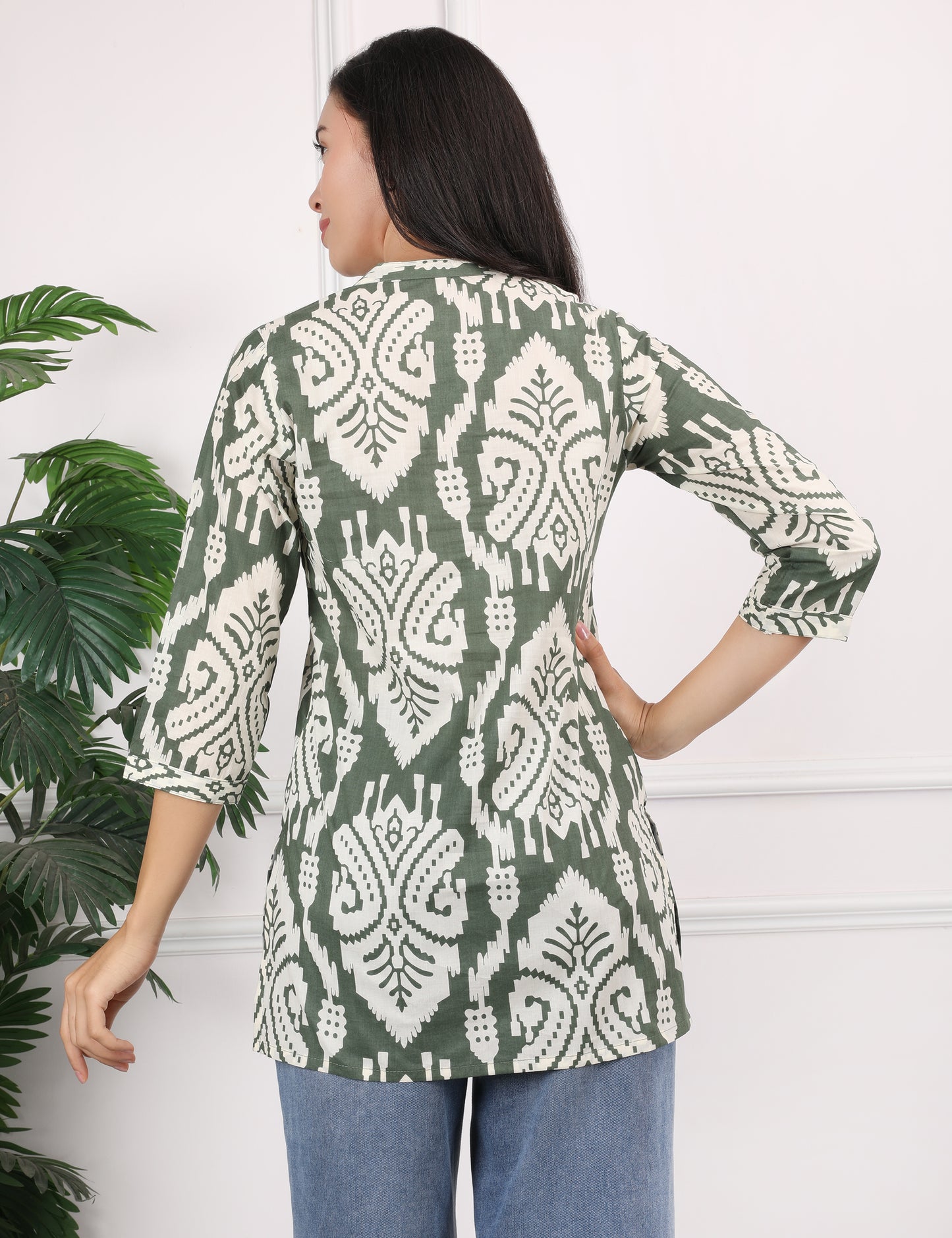 OLIVE GREEN COTTON PRINT SHORT KURTI