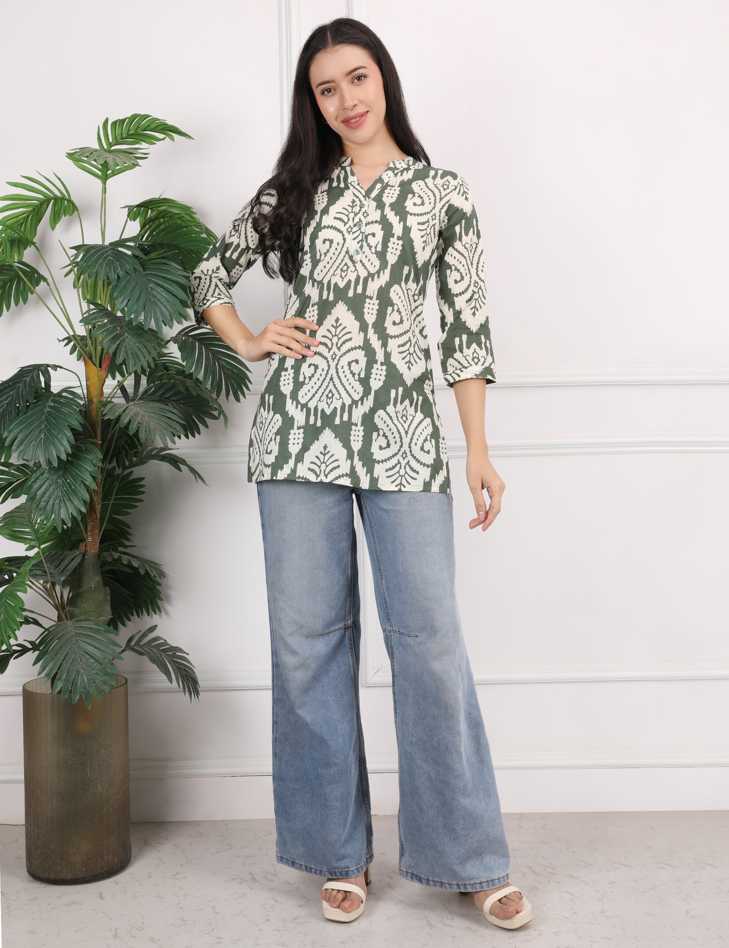 OLIVE GREEN COTTON PRINT SHORT KURTI