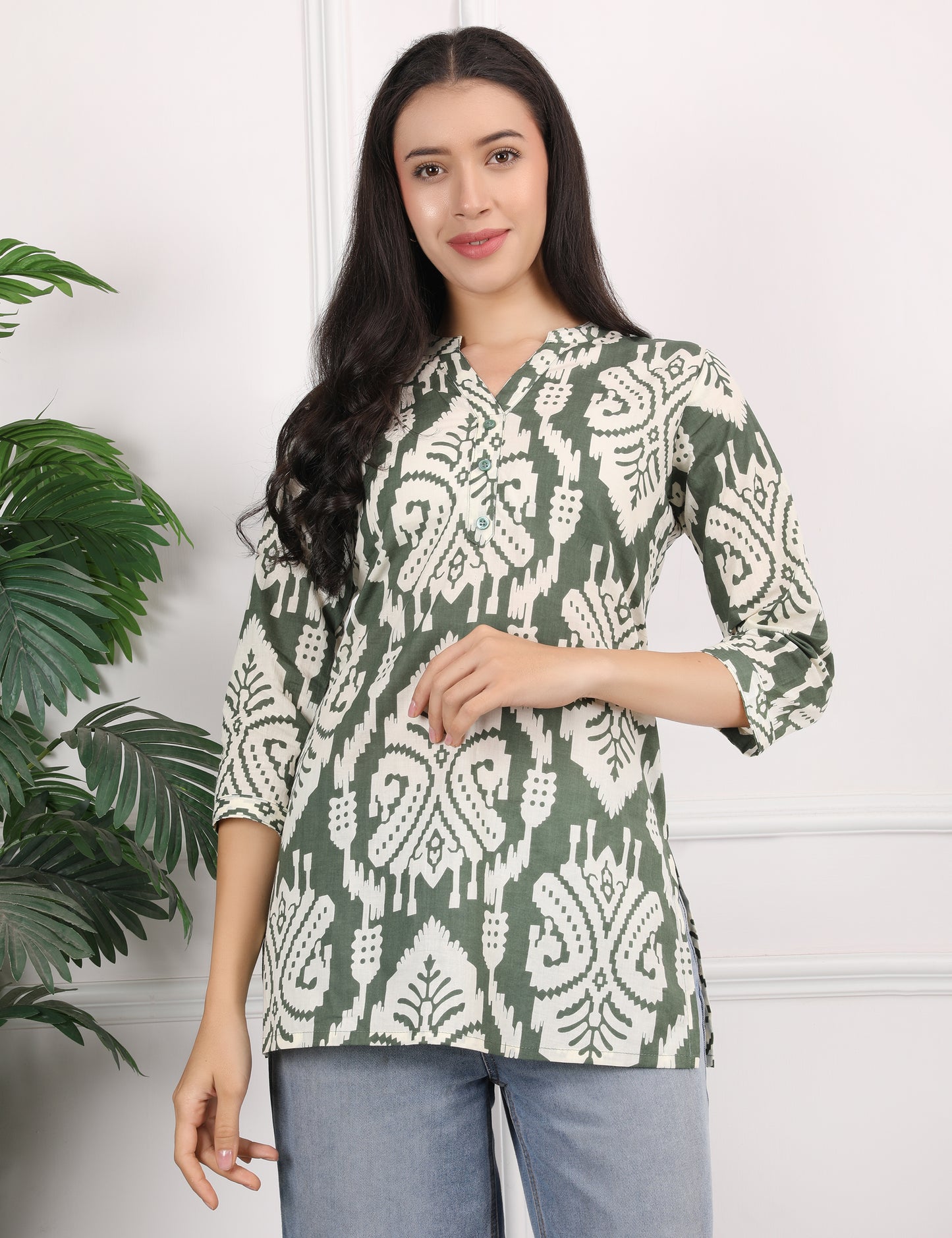OLIVE GREEN COTTON PRINT SHORT KURTI