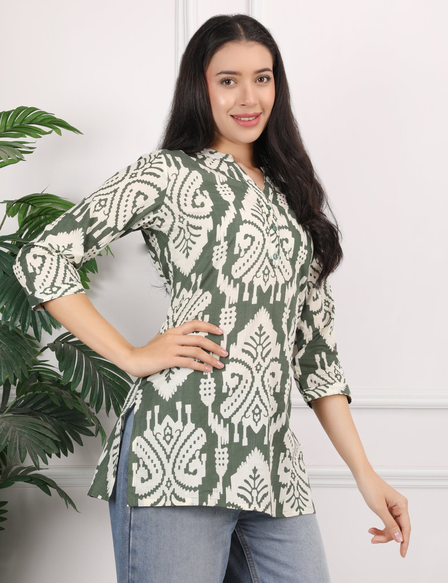 OLIVE GREEN COTTON PRINT SHORT KURTI