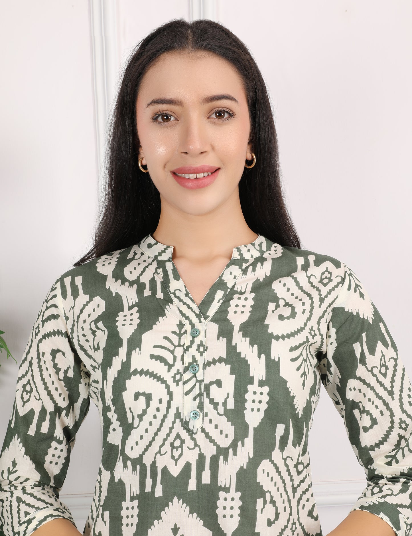 OLIVE GREEN COTTON PRINT SHORT KURTI