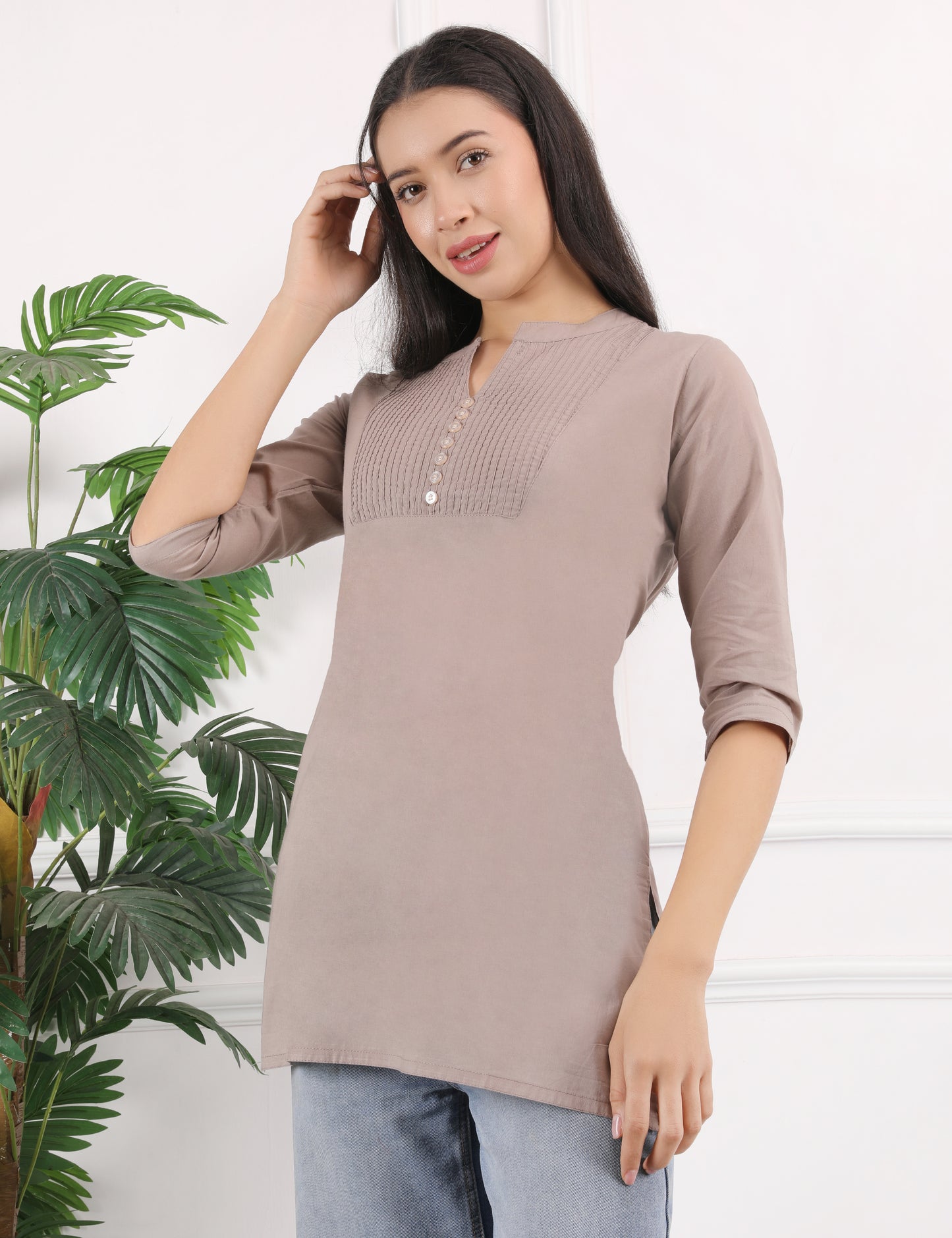 TAUPE BEIGE COTTON SHORT KURTI