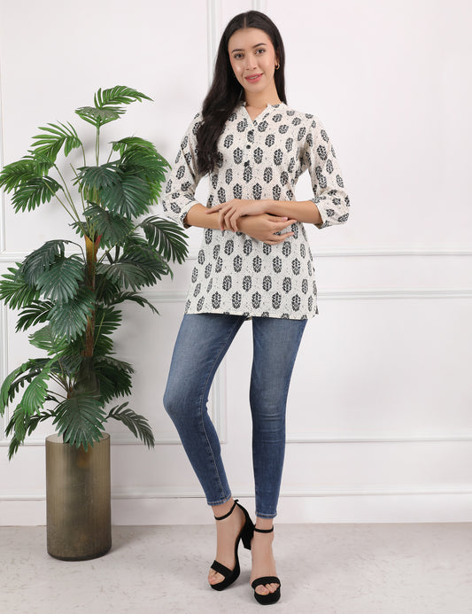 OFF WHITE BLOCK PRINT COTTON KURTI