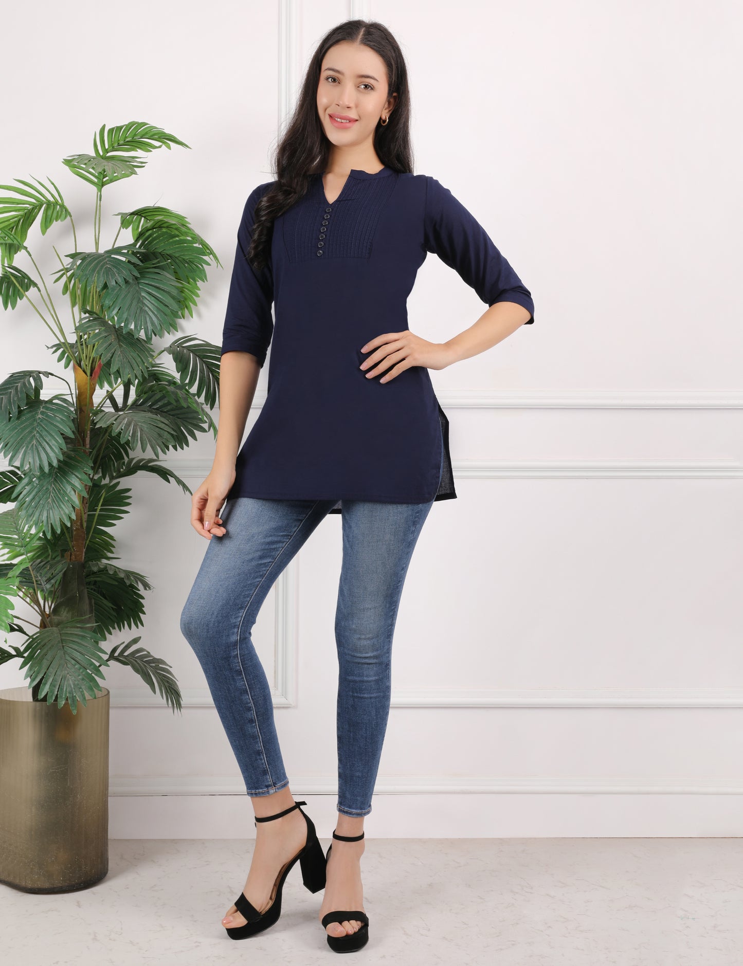 SOLID NAVY BLUE COTTON SHORT KURTI