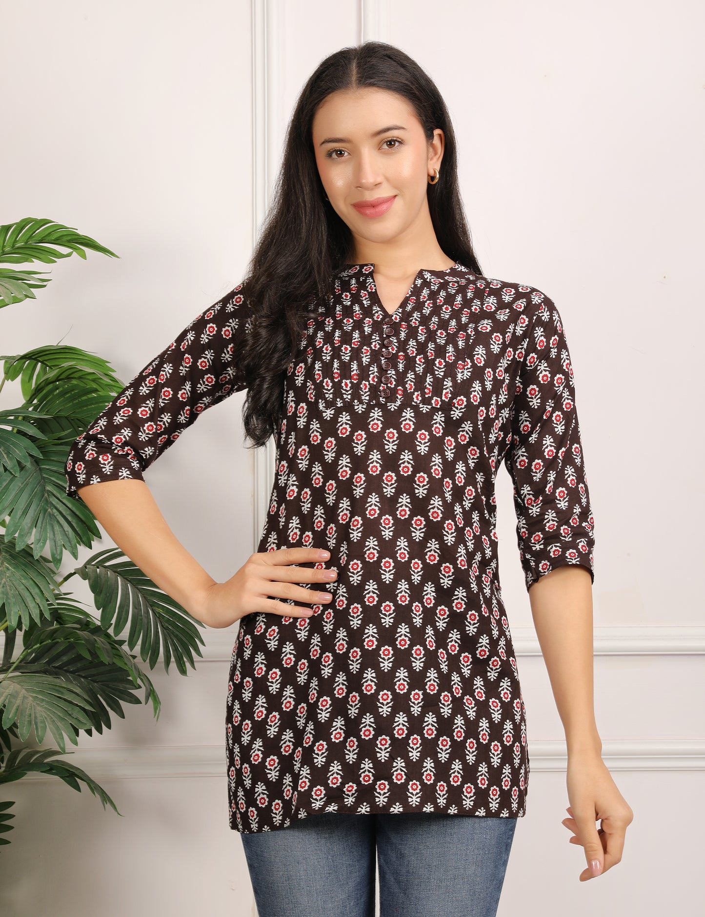 COFFEE BROWN BLOCK PTINT KURTI