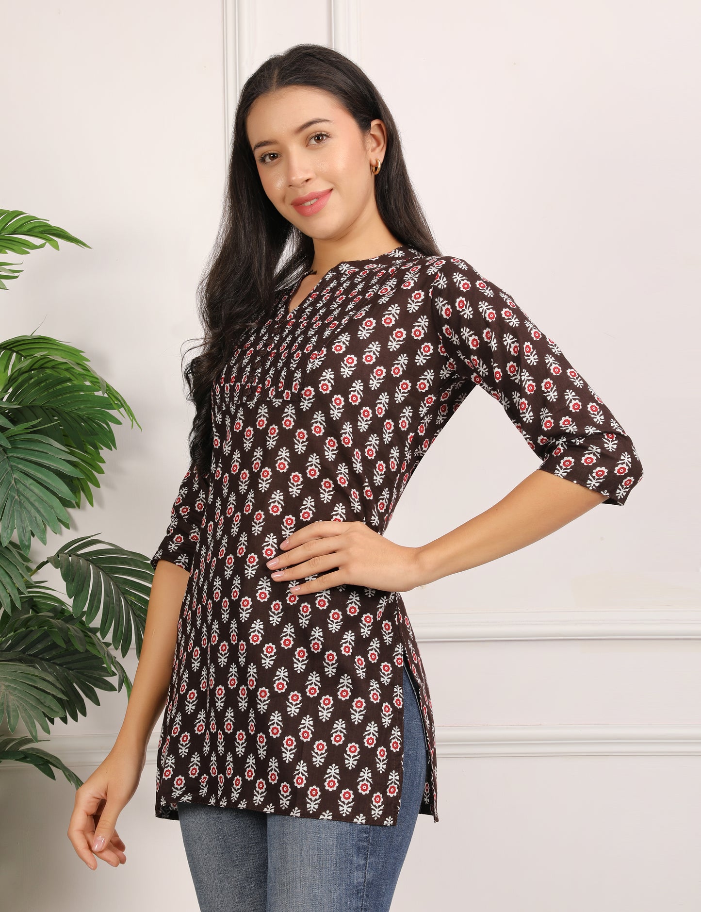 COFFEE BROWN BLOCK PTINT KURTI